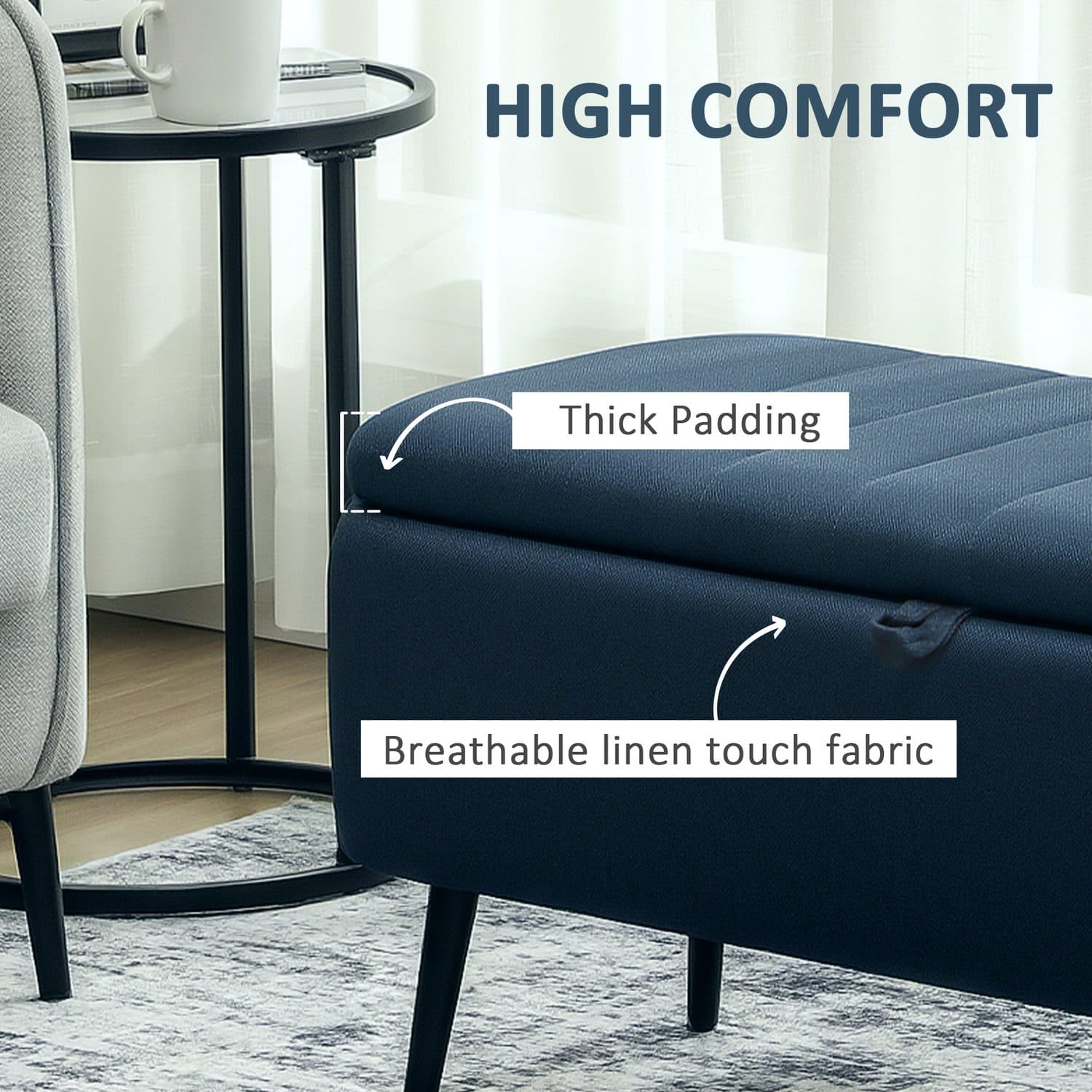 Dark Blue Linen-Look Ottoman Bench - image 5