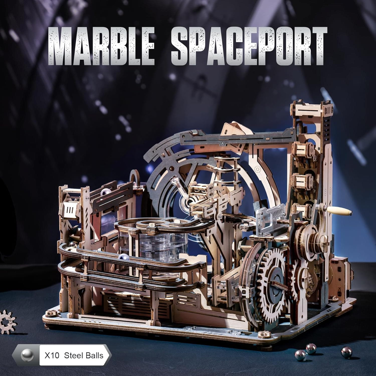 Mechanical Wooden 3D Marble Run: 'Spaceport' Model Kit