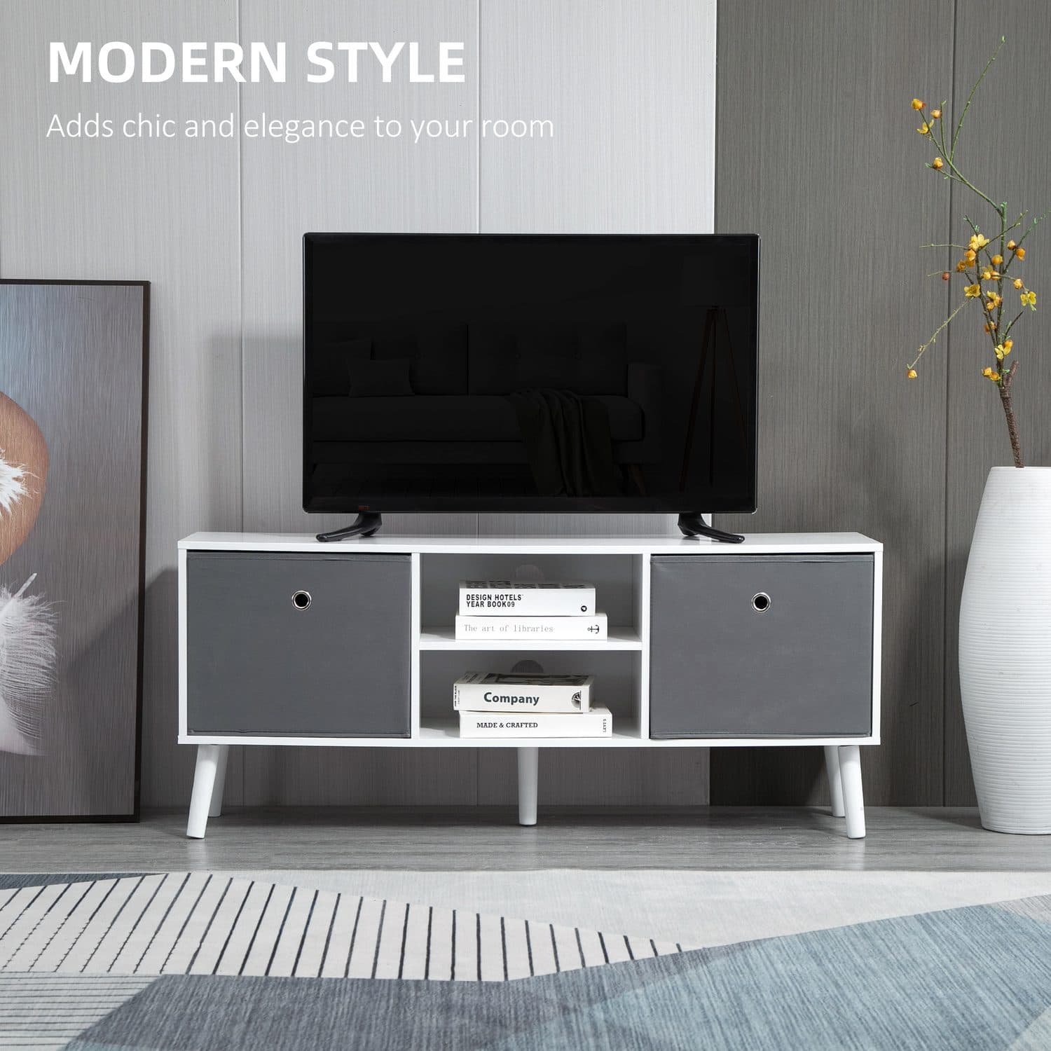 Modern White TV Unit with Removable Fabric Drawers - image 4