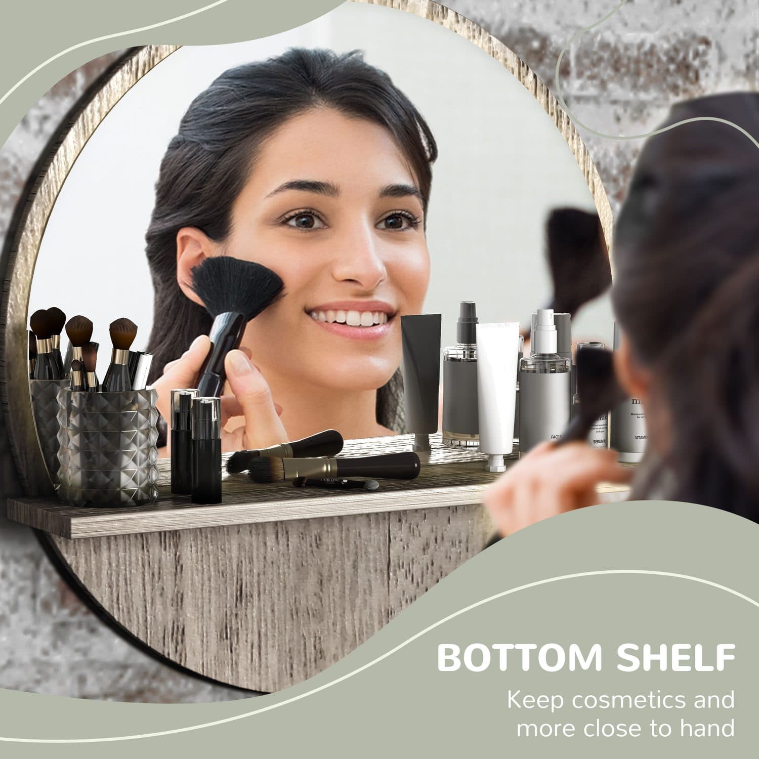 Round Grey Wood-Effect Mirror with Shelf - image 2