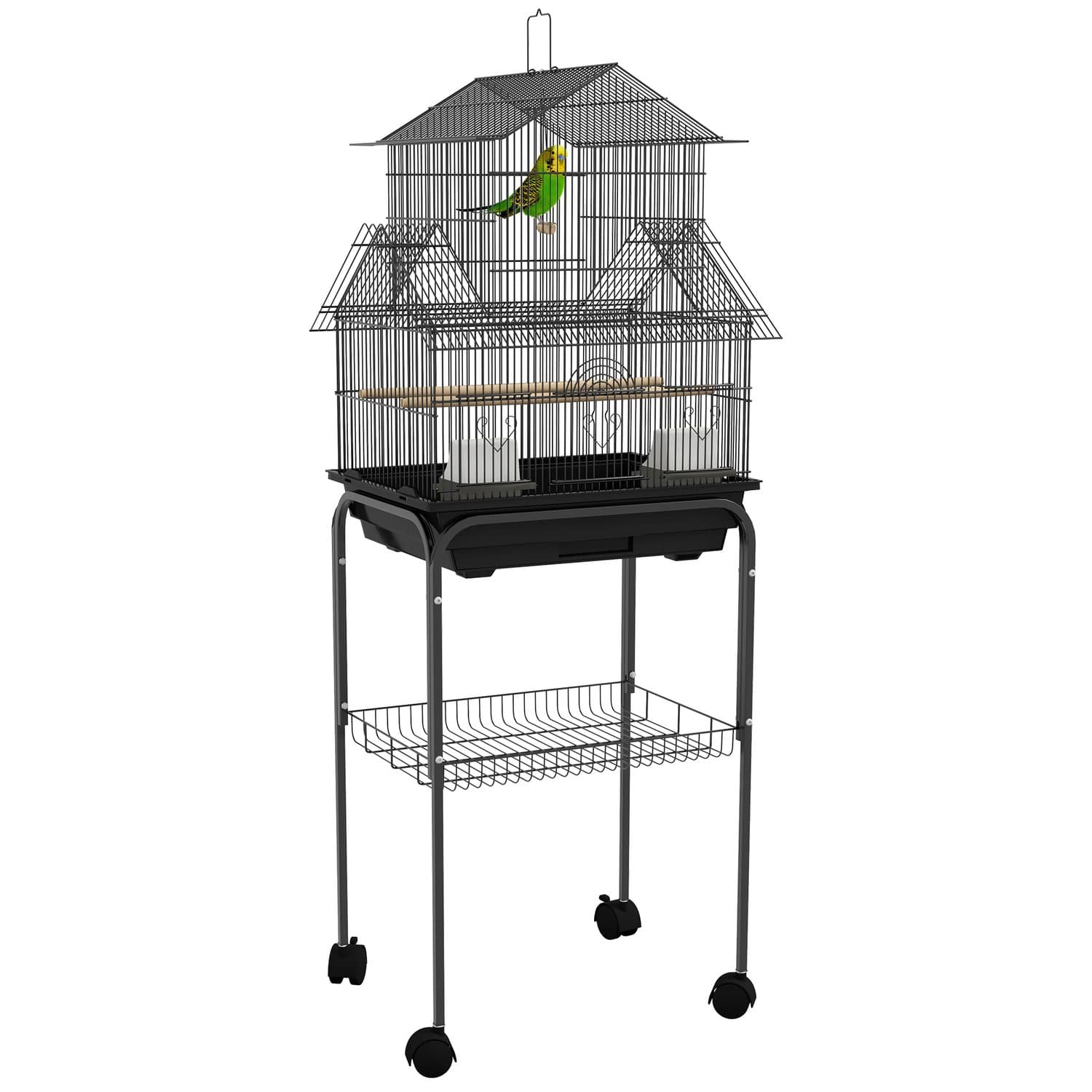 PawHut Metal Bird Cage with Swing, Perch and Storage Shelf