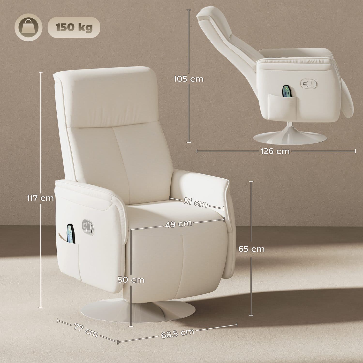 Cream 10-Point Massage Recliner - image 4