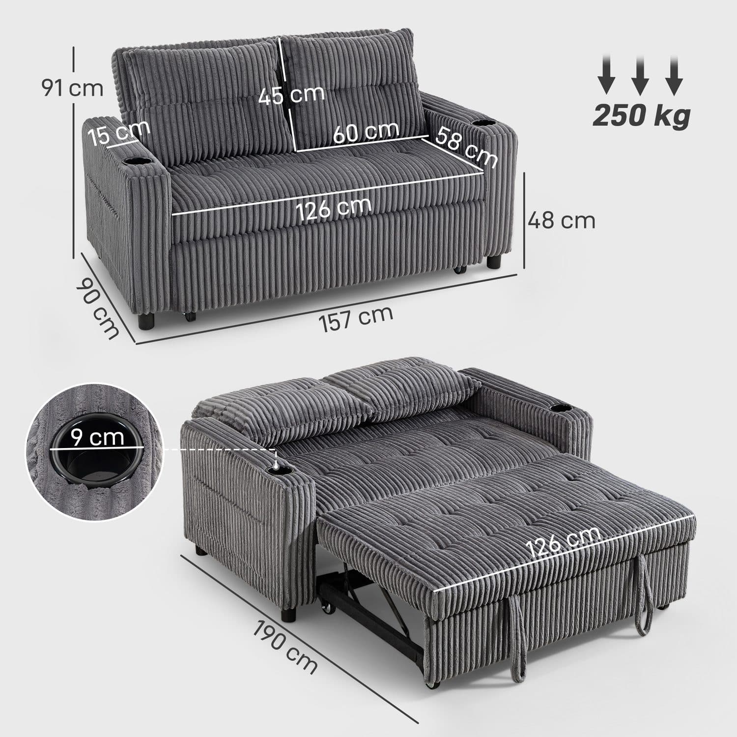 Charcoal Corduroy Sofa Bed - image 4