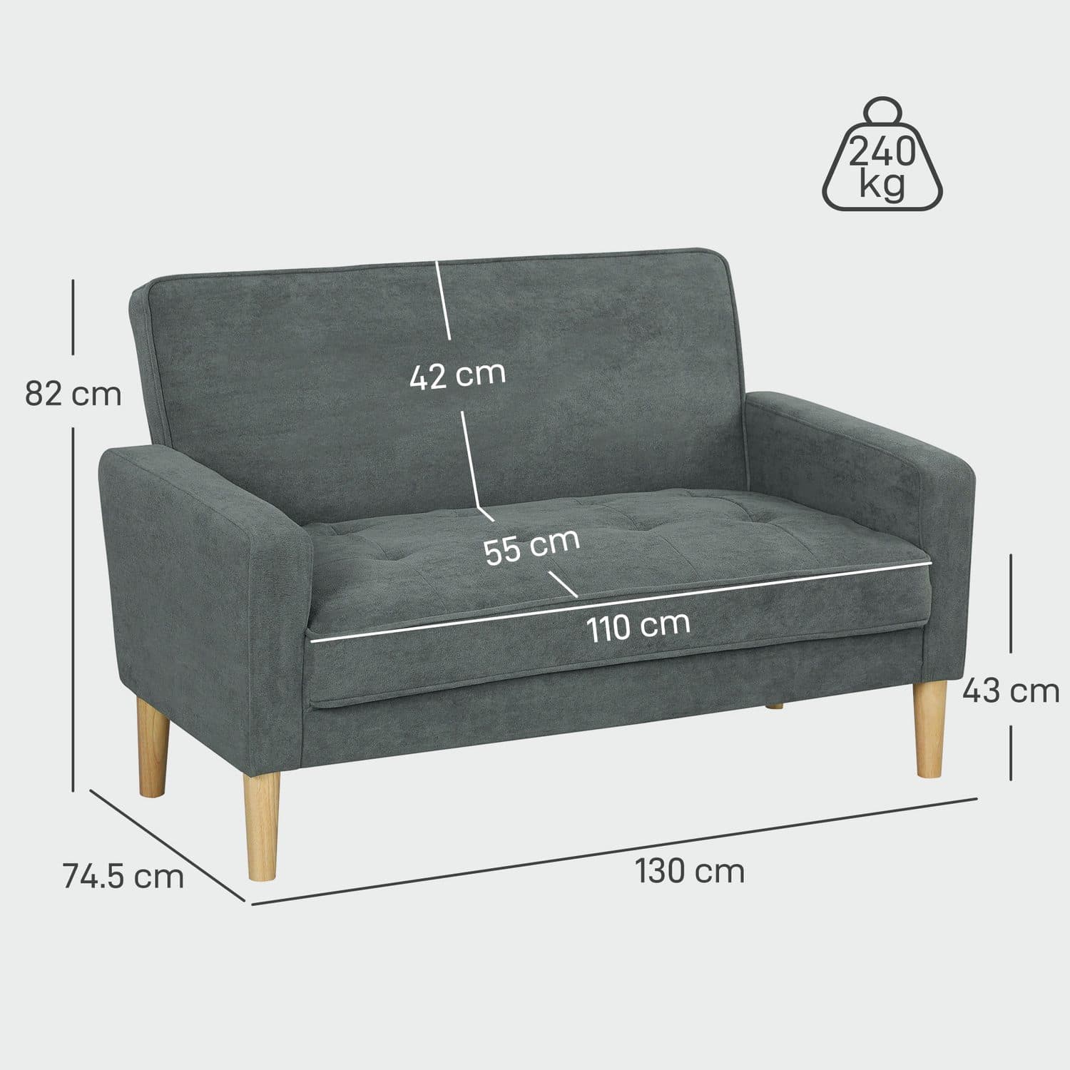 Two-Seater Grey Velvet-Feel Sofa with Tufted Seat and Wood Legs - image 1