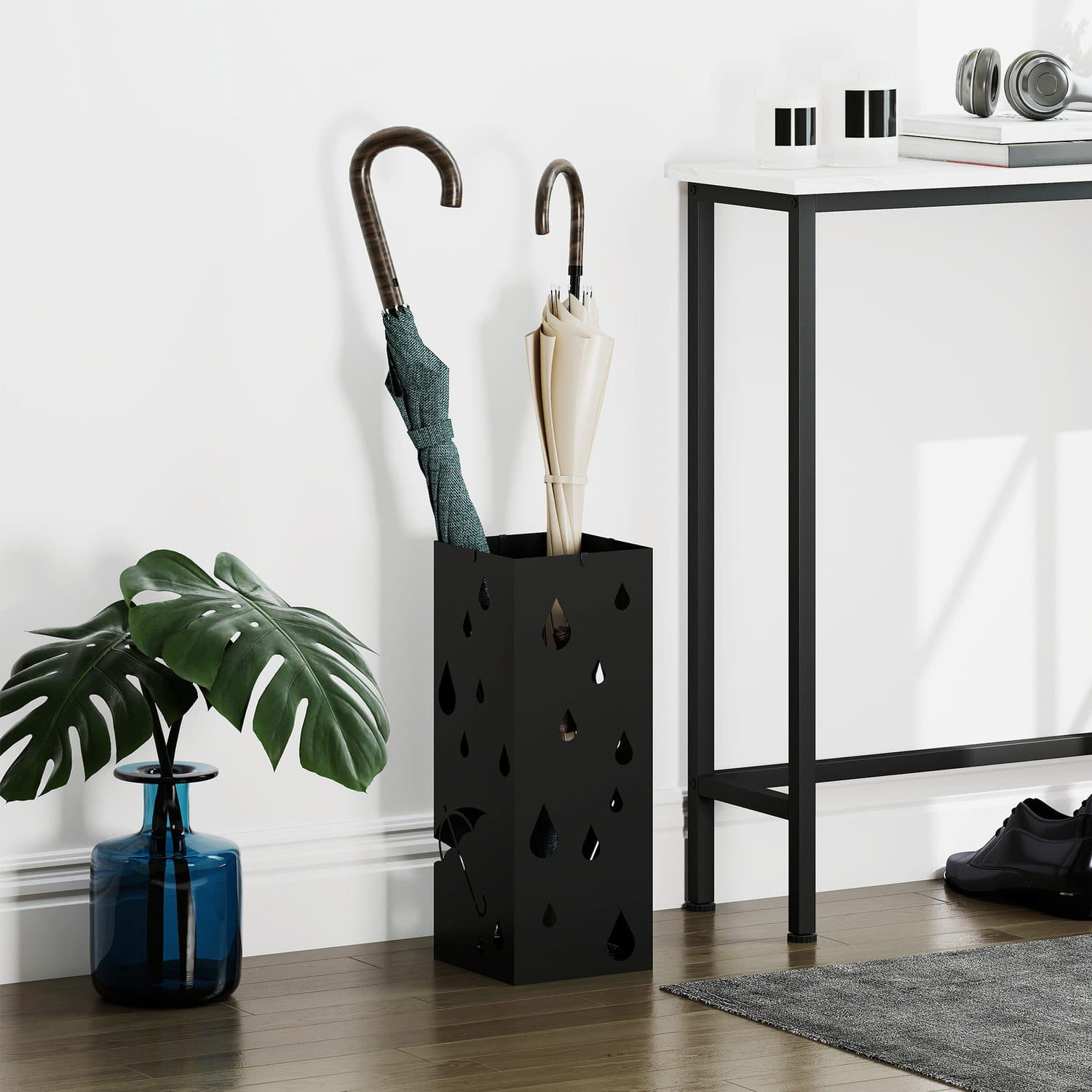 Black Steel Umbrella Stand with 4 Hooks and Removable Drip Tray - image 3