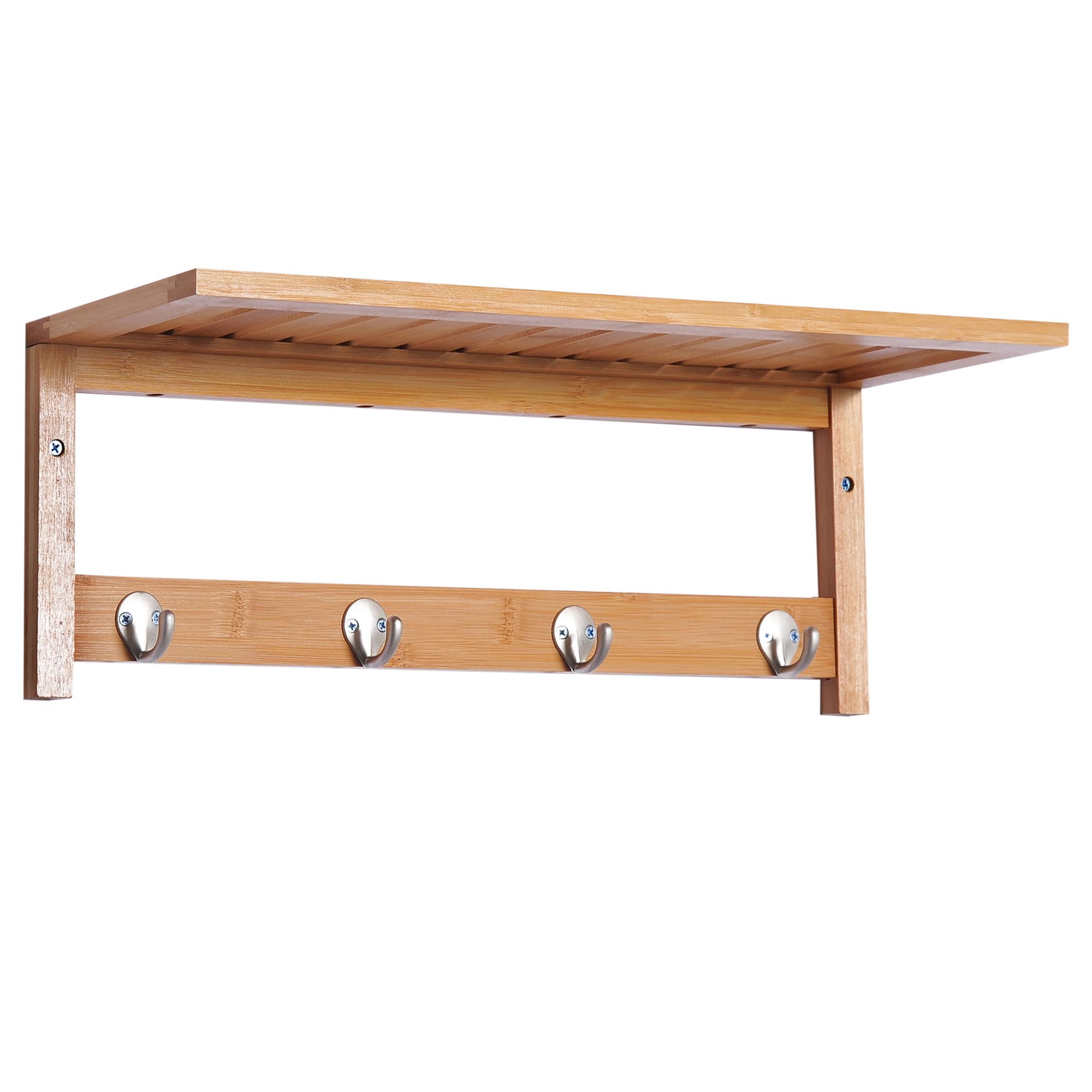 Bamboo Coat Rack with Shelf — 4 Wall-Mounted Double Hooks - Natural wood finish