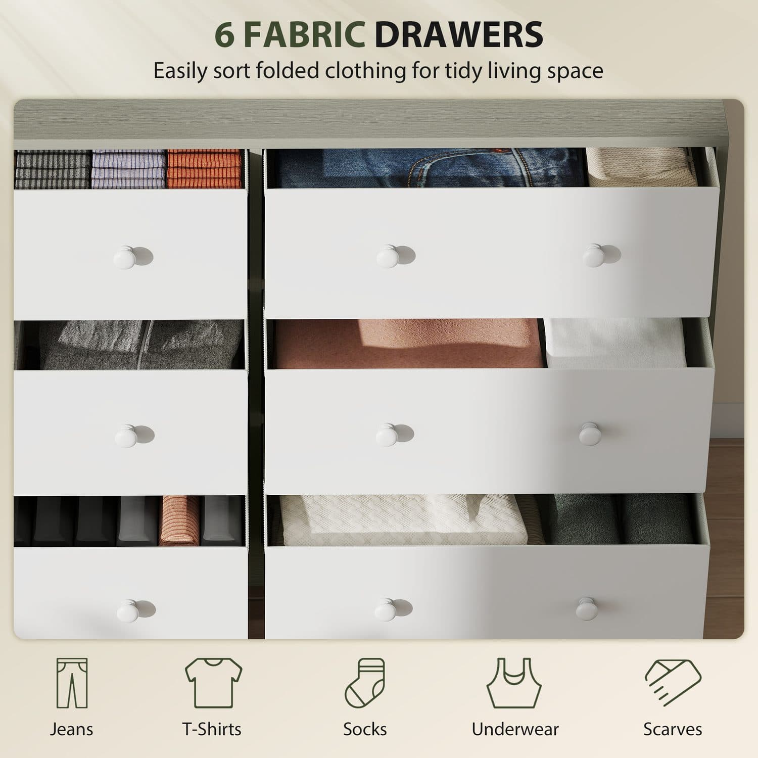 6-Drawer White & Grey Fabric Dresser - image 5