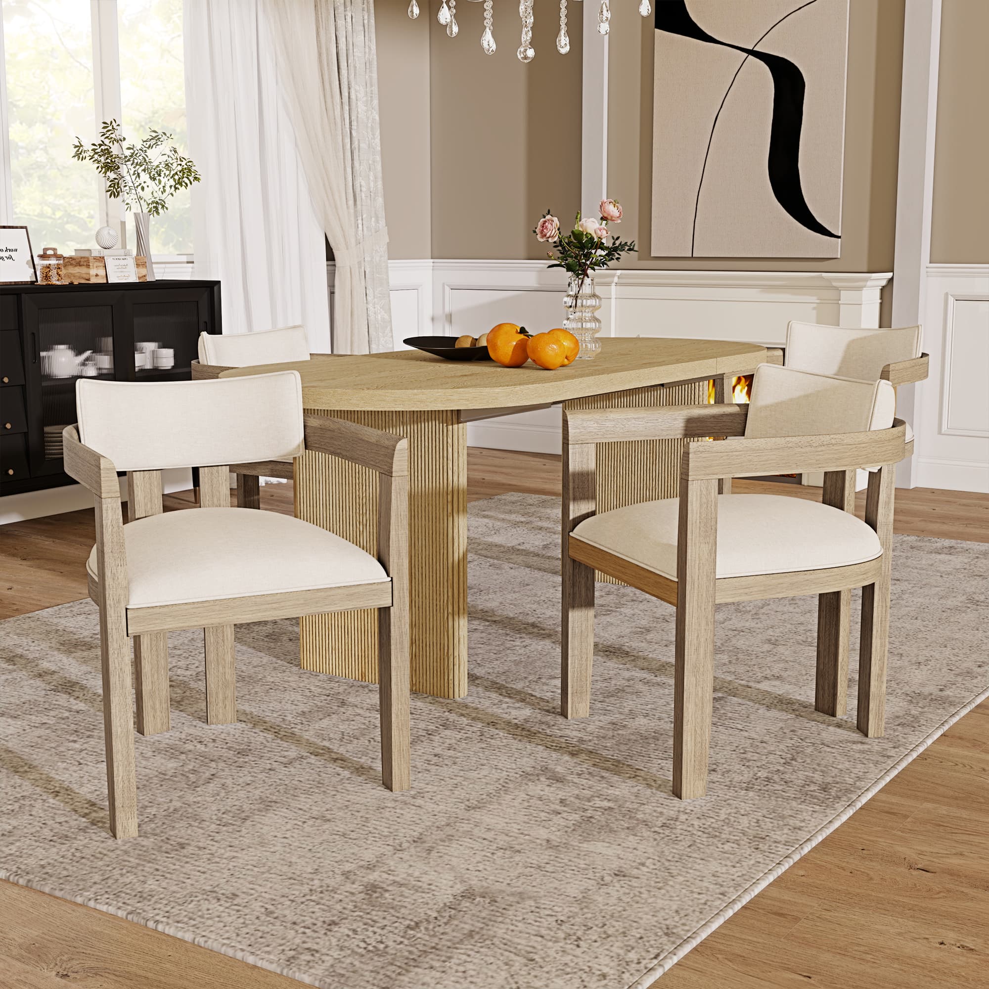 Set of 4 Dining Chairs with Arms in Solid Wood & Beige Linen