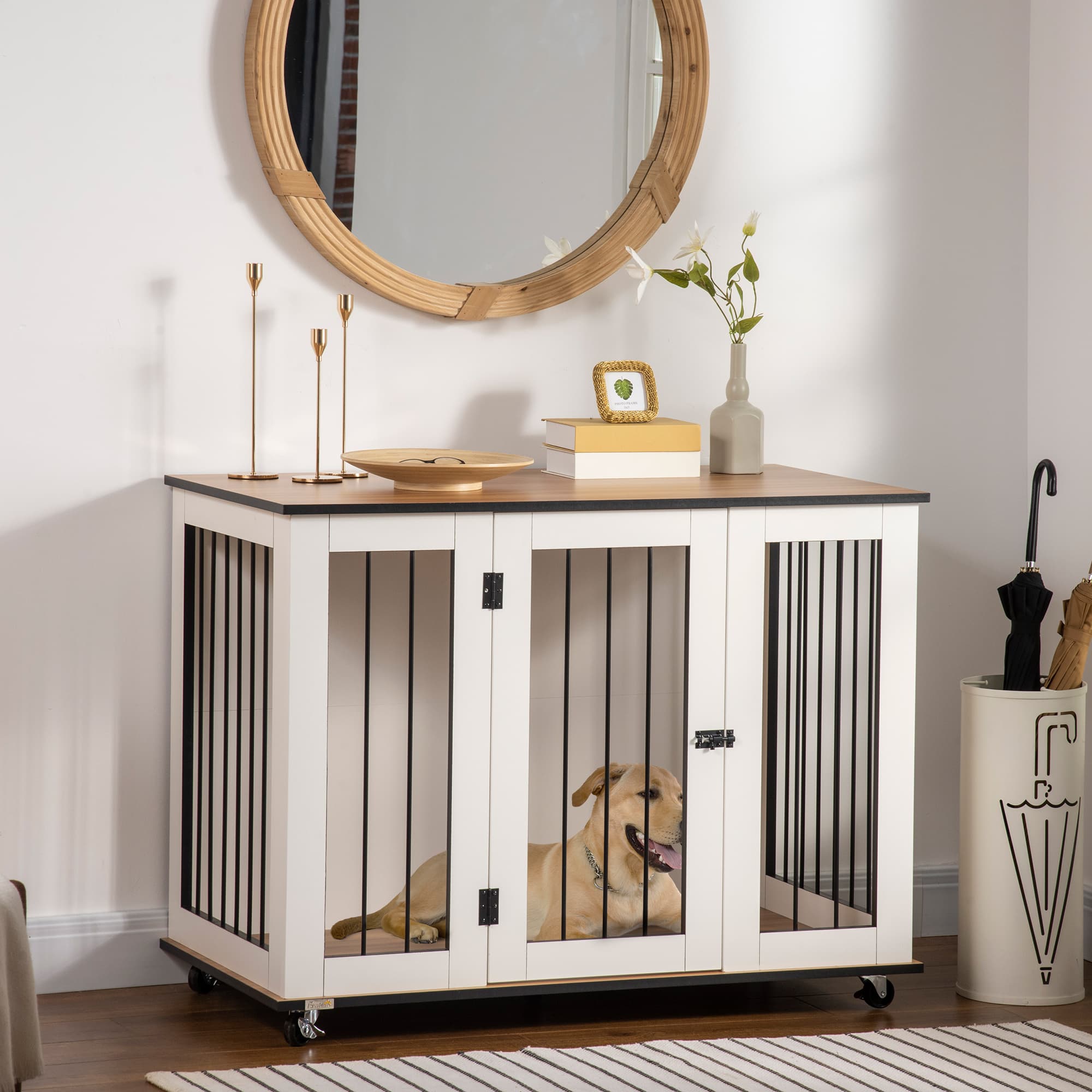White Furniture-Style Dog Crate and Side Table with Castors - image 2