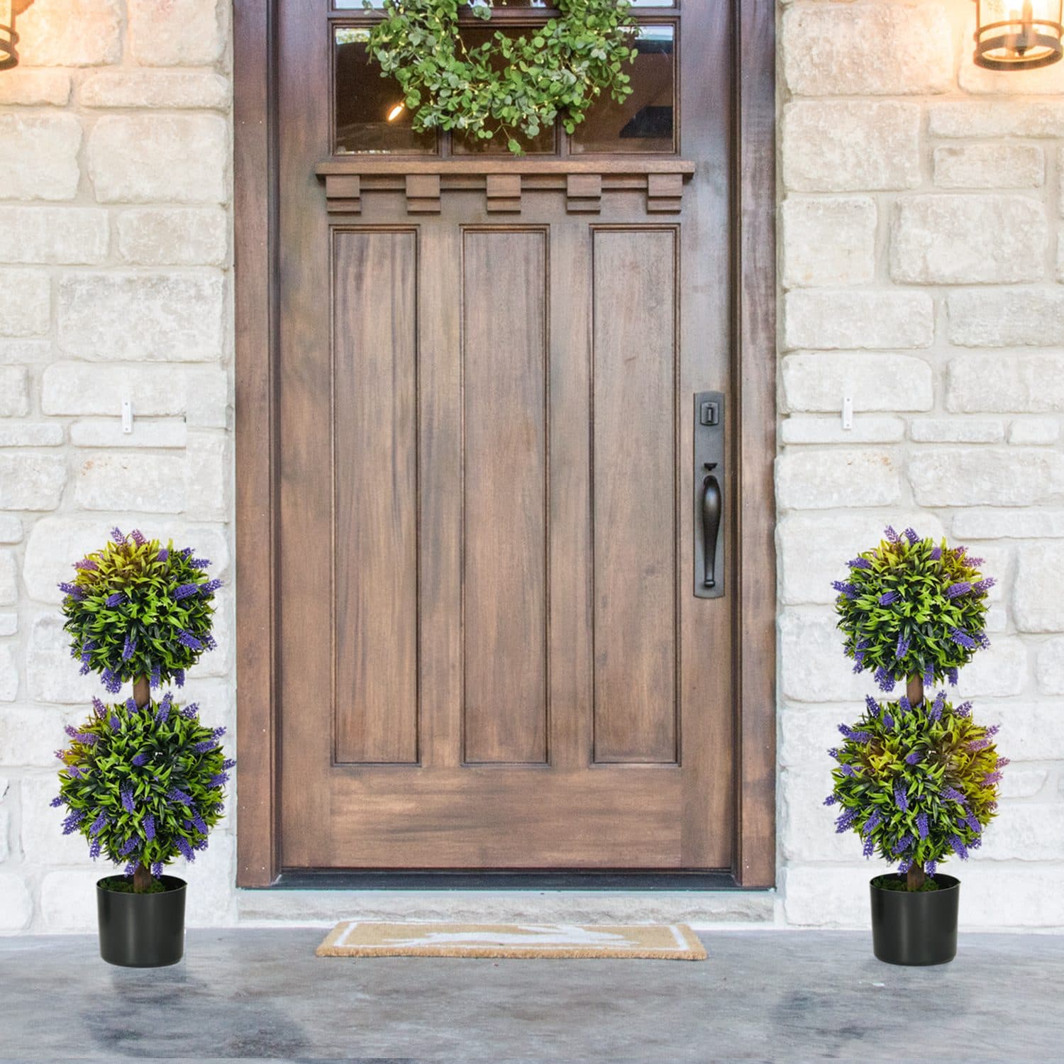 Two Artificial Lavender Topiary Ball Trees with Cement Pots - image 5