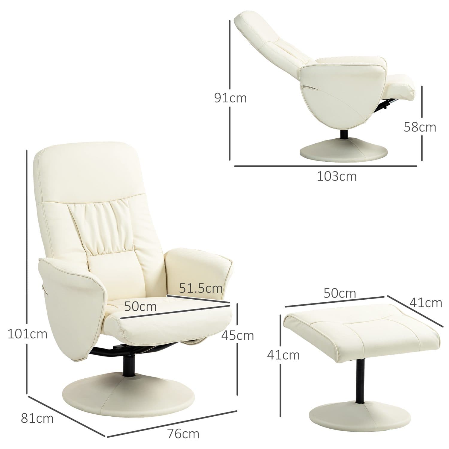 Swivel Recliner Chair and Ottoman Set in Cream Faux Leather - image 5