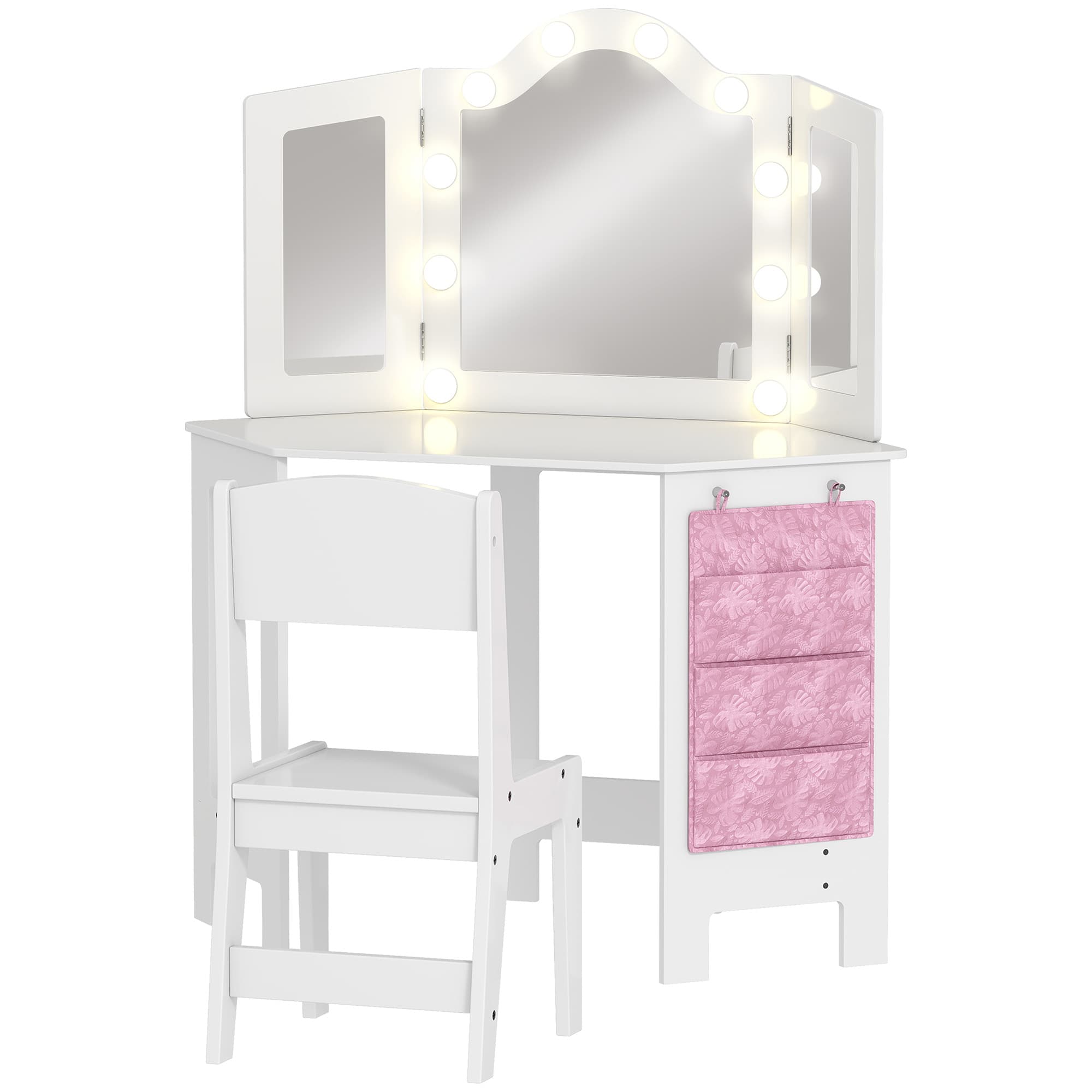 White Kids Vanity Table Set With LED Bulbs and Tri-Fold Mirror