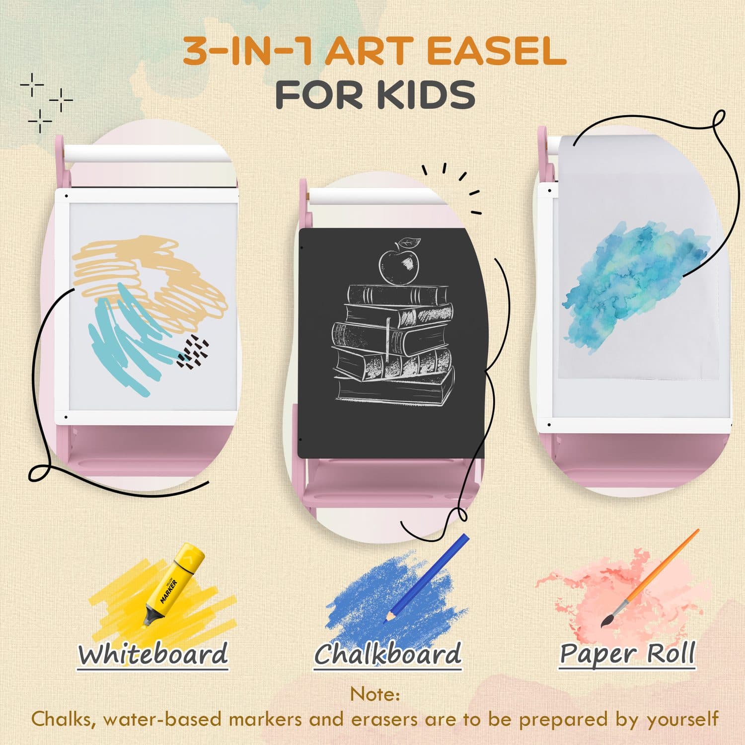 3-in-1 Pink Kids Easel With Whiteboard, Chalkboard and Paper Roll - image 2