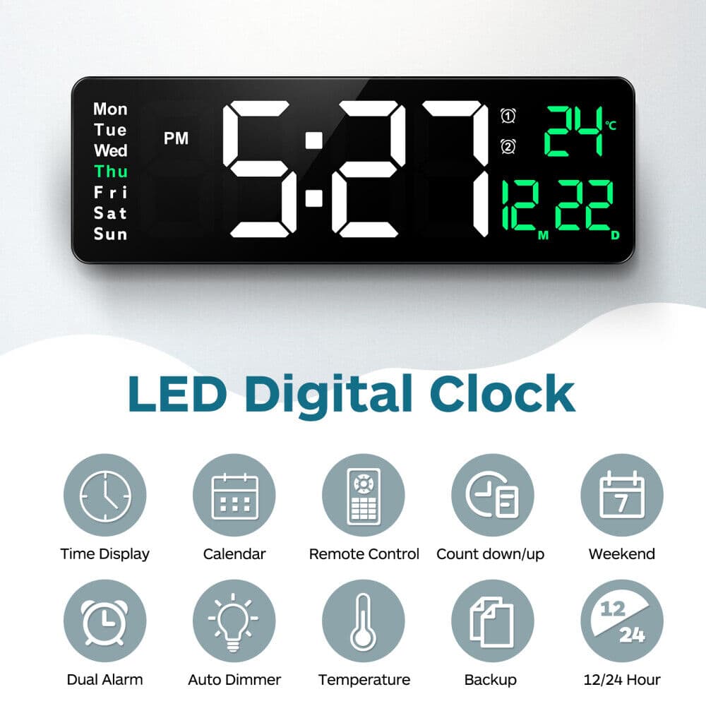 Large LED Wall Clock with Calendar and Auto Dimmer - image 4