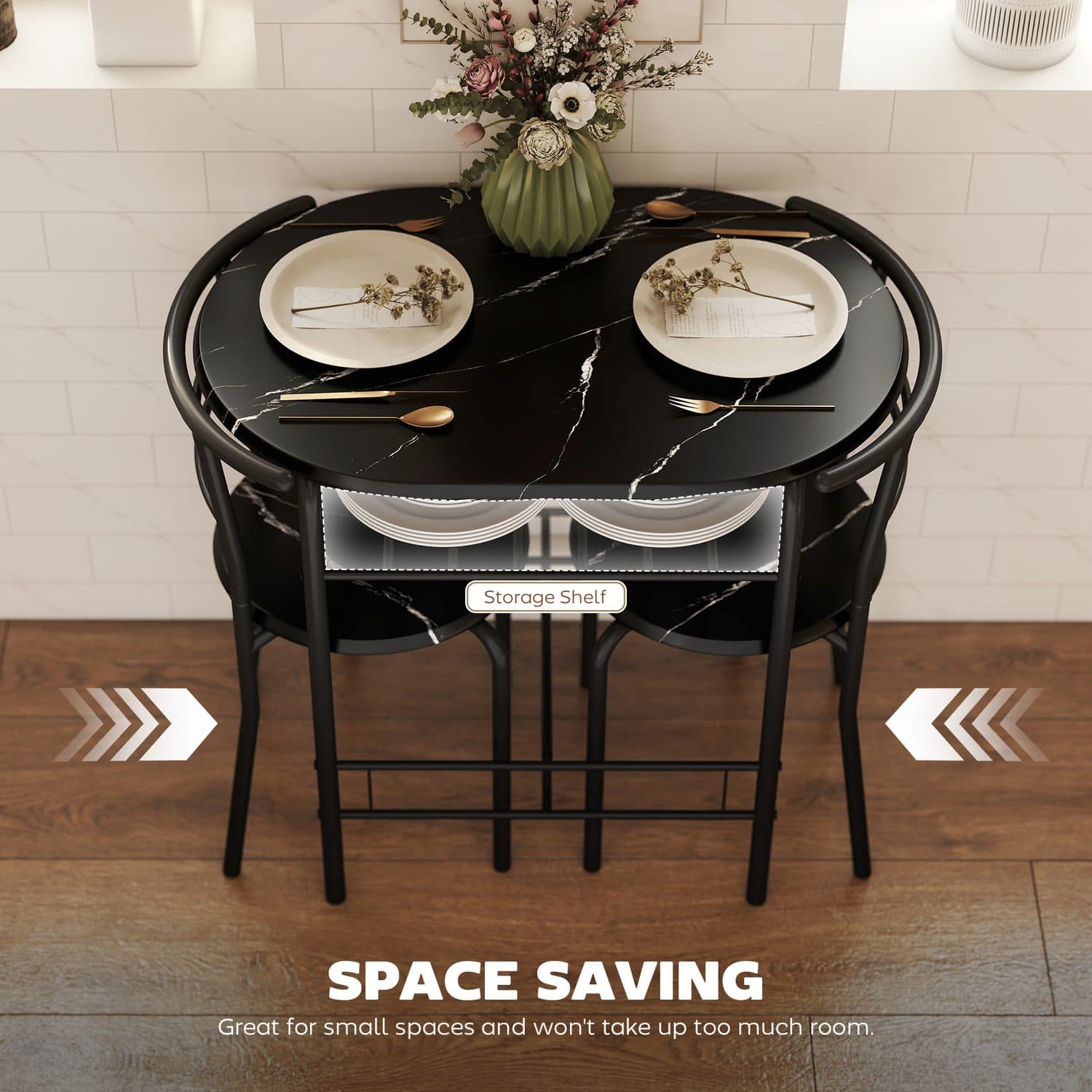 Compact Black Dining Set for Two with Storage Shelf - image 2
