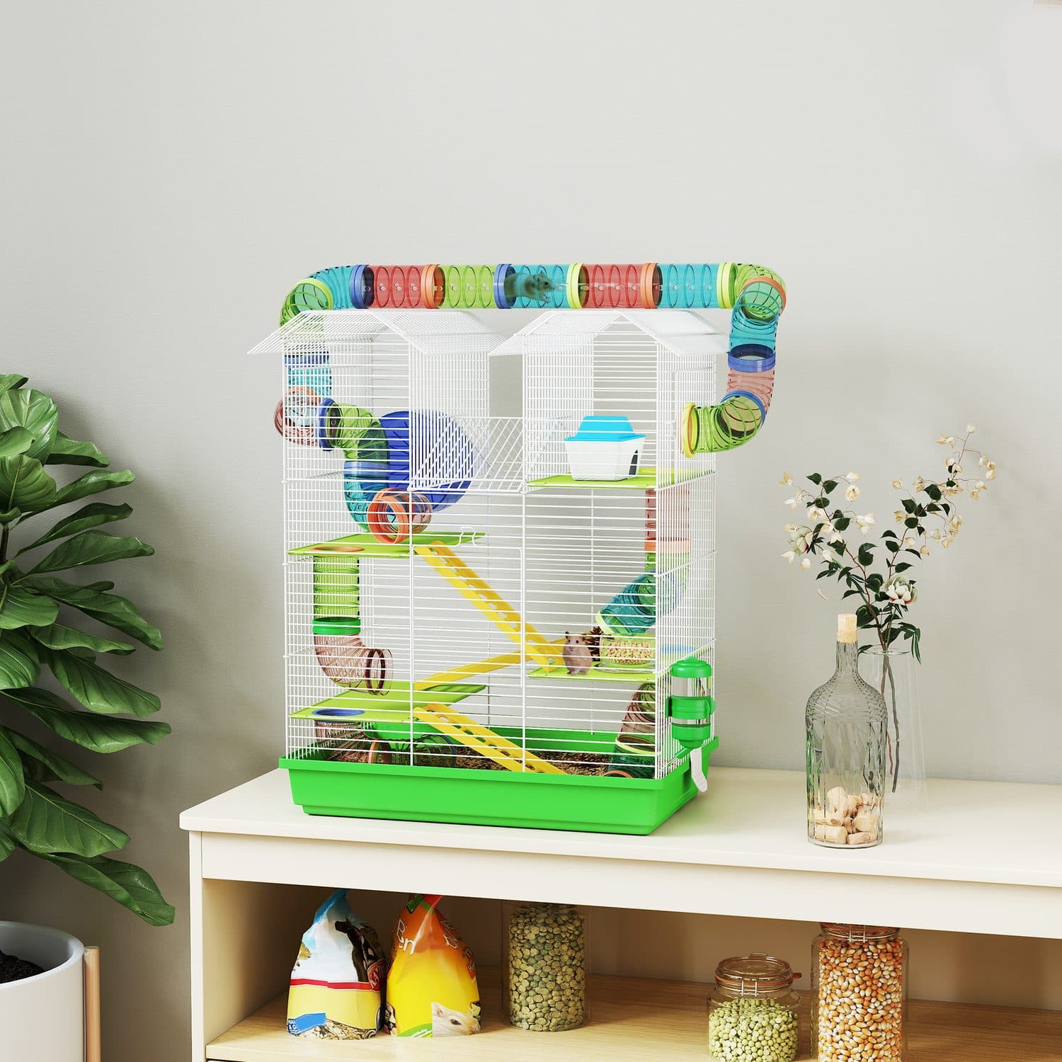 PawHut 5 Tier Hamster & Gerbil Cage, Green - image 4