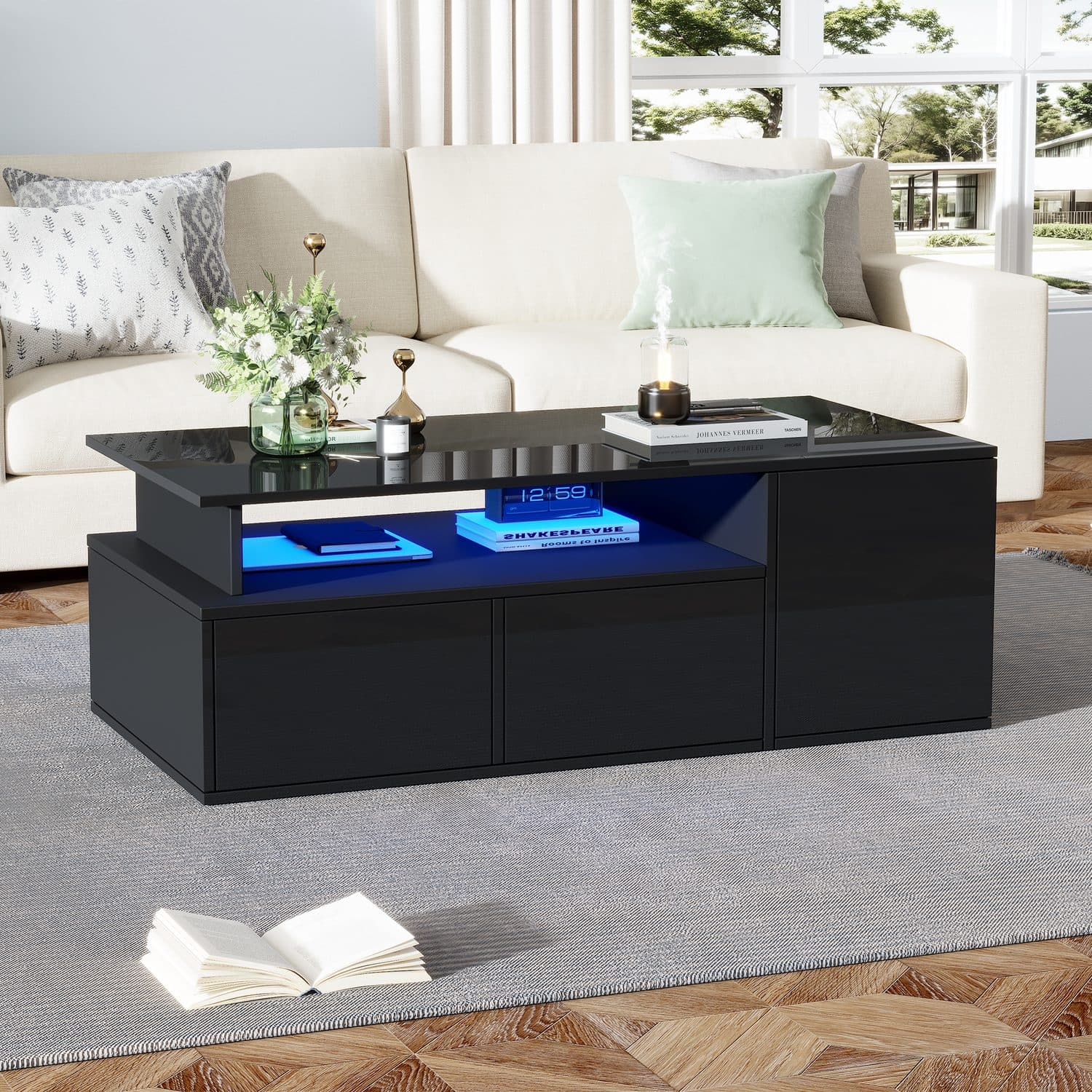 A glossy black coffee table with LED-lit storage - image 3