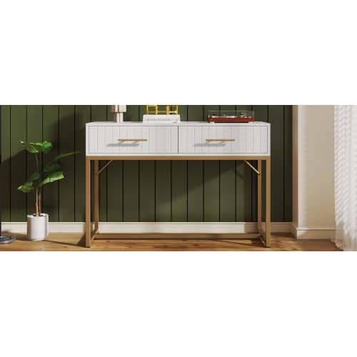 White Dressing Table with Ribbed Front & Gold Details - image 5