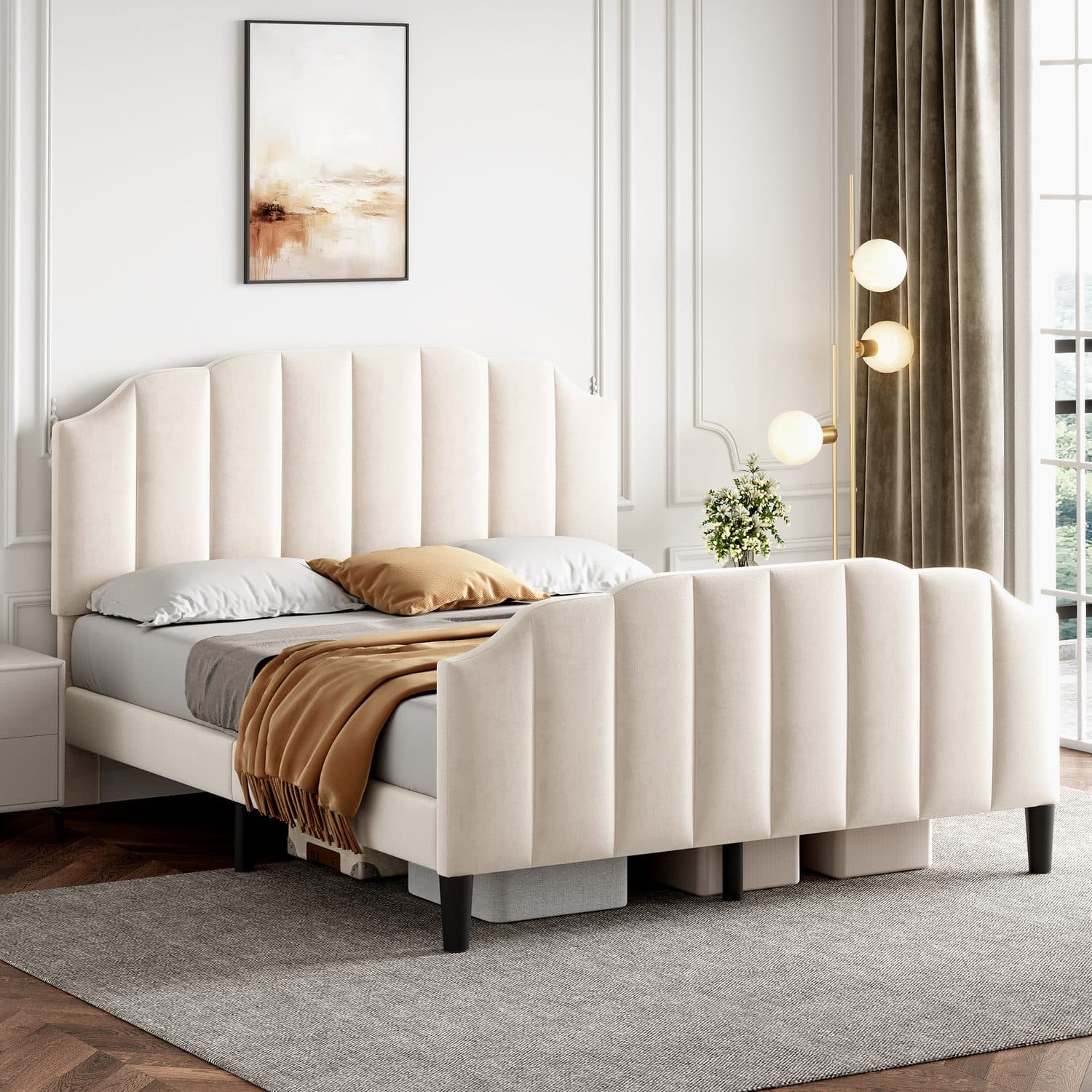 Beige Velvet Double Bed - image 5