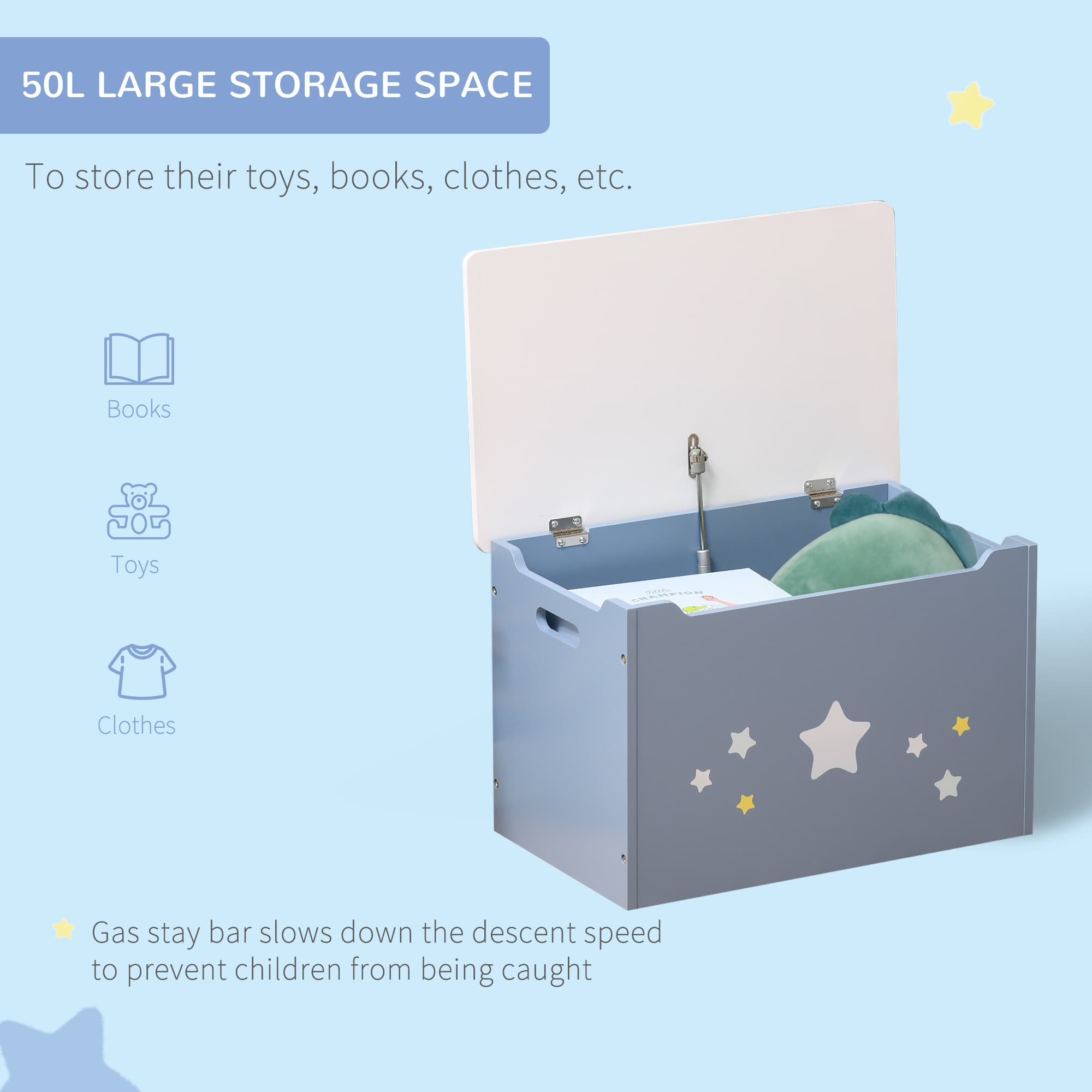 Children's Blue Wooden Toy Chest with Safety Hinge and Star Lid - image 2