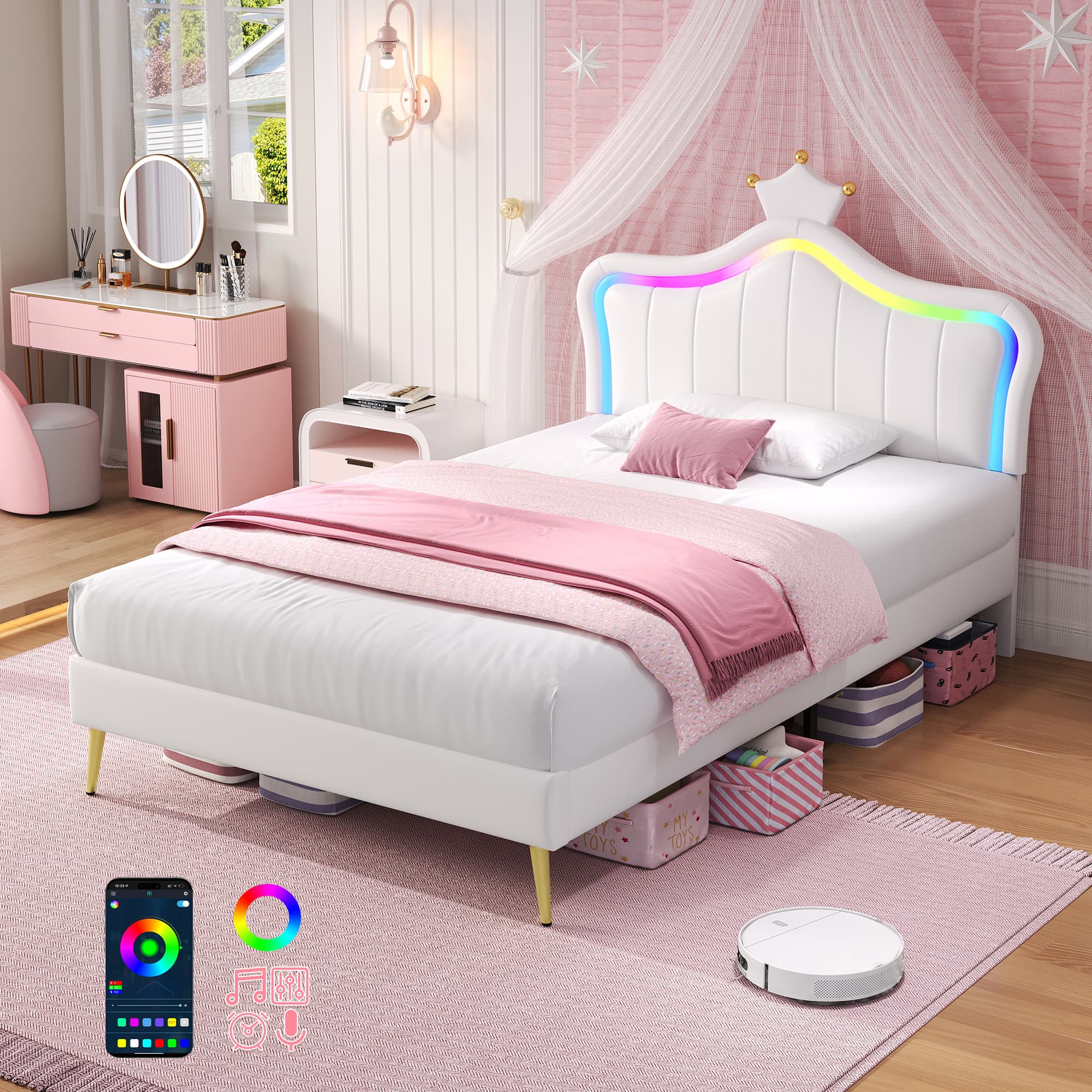 Cream White LED Crown Bed