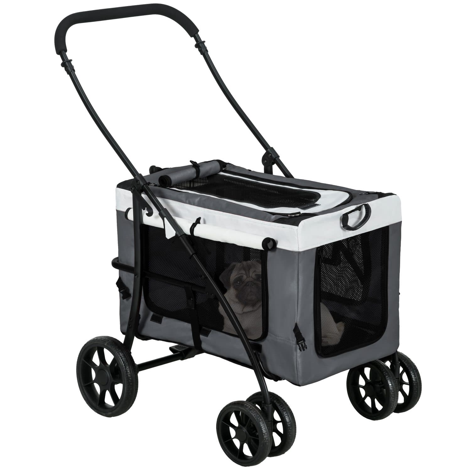 Foldable Dog Stroller with Dual Rear Brakes & Safety Leashes
