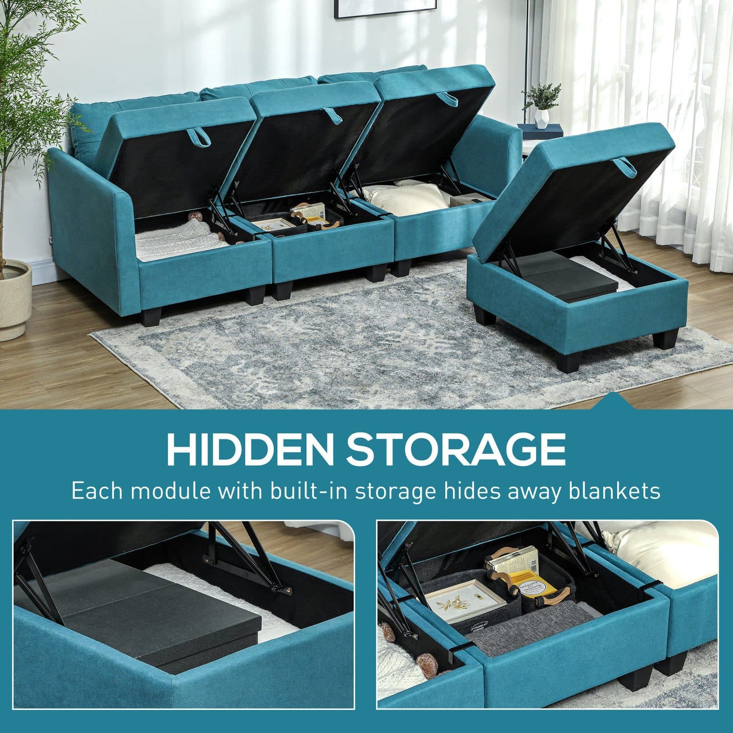 Modular Corner Sofa With Storage Drawers, Light Blue Fabric - image 3