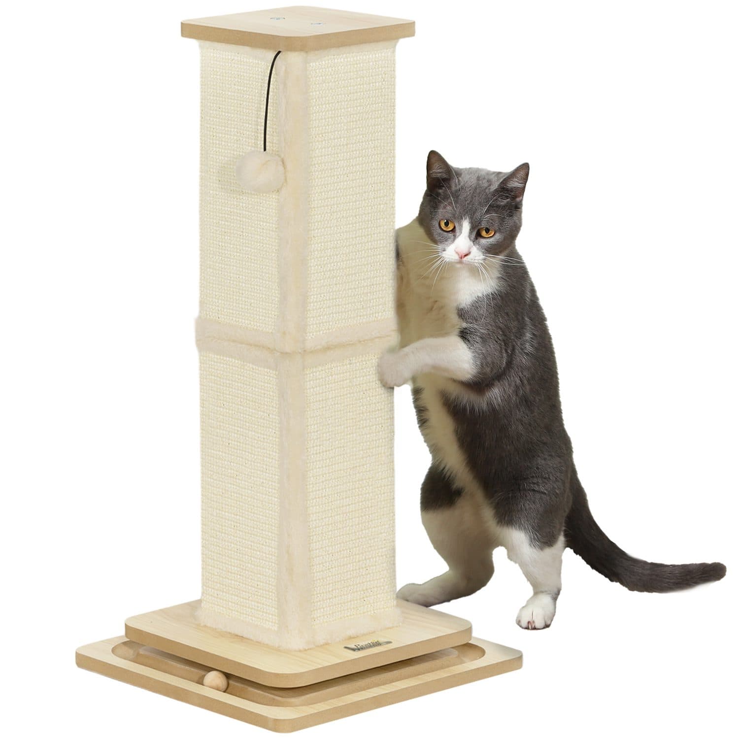 Sisal Cat Scratcher Tower with Hanging Toy and Ball Track Base