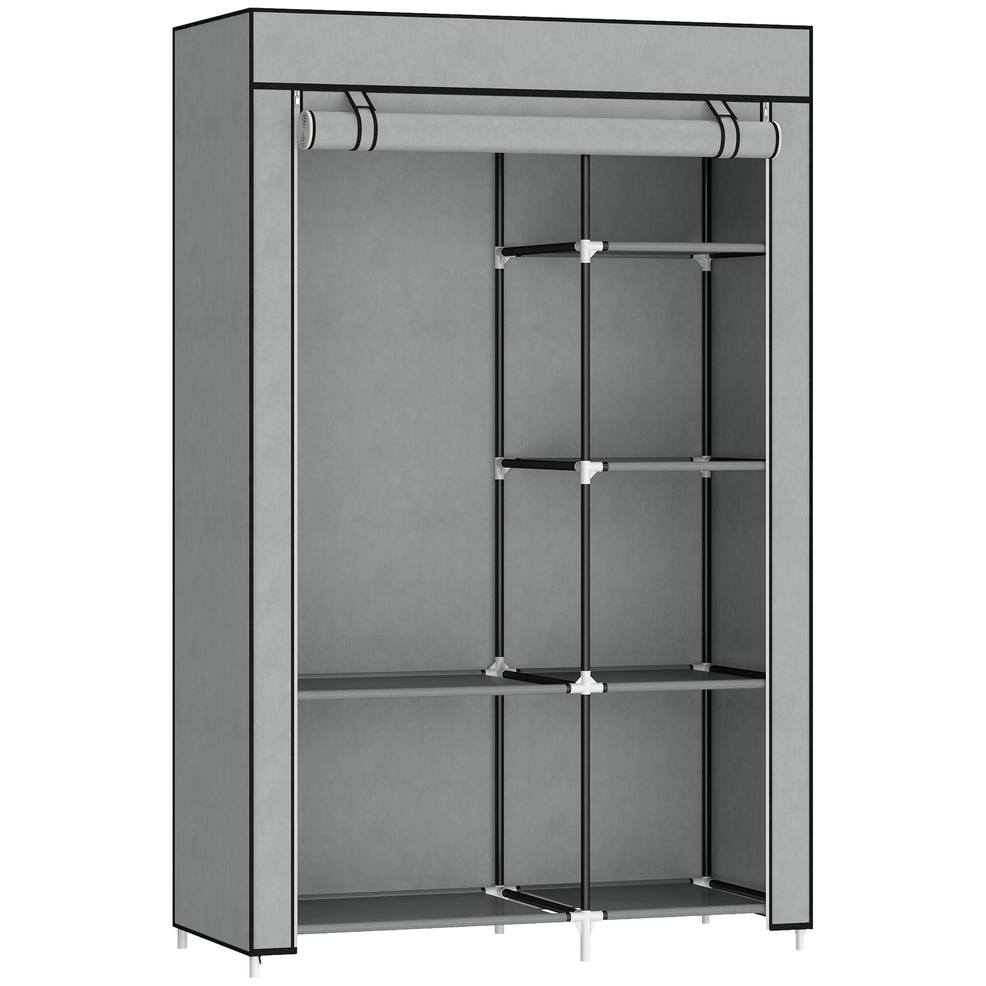 Light Grey Fabric Wardrobe with Rail and Six Shelves - Light Grey