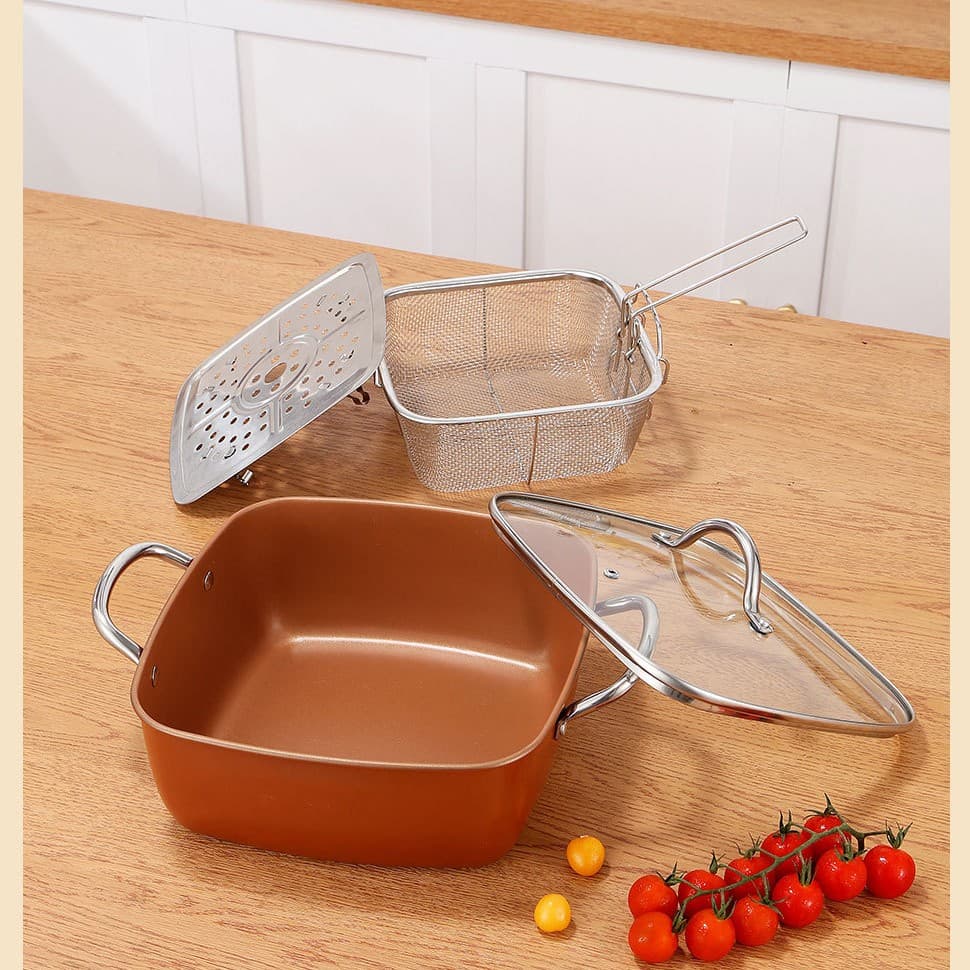 Square Copper Chip Pan with Frying Basket, Steamer Rack and Lid - image 9