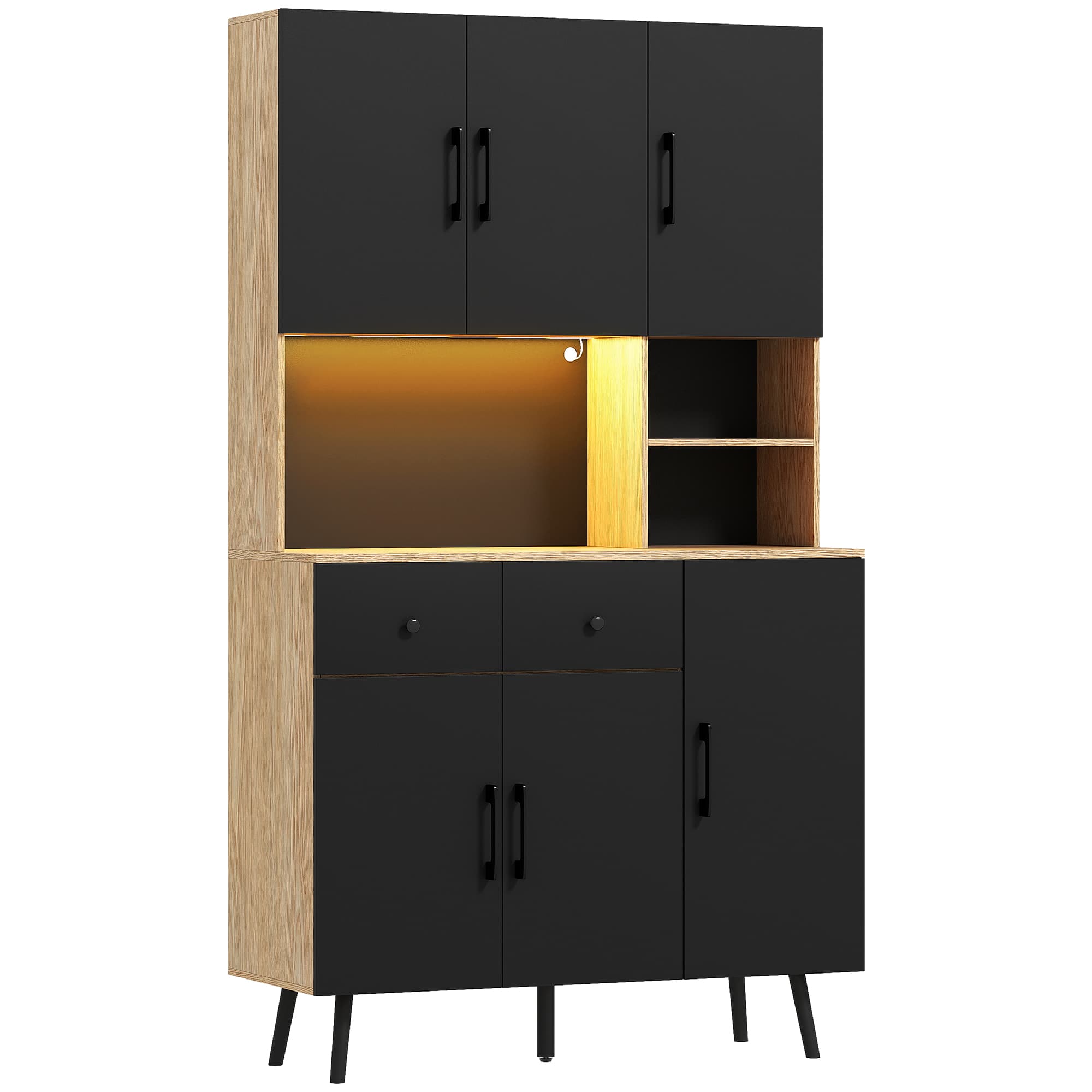 176cm Oak & Black Kitchen Cupboard with Smart LED Lighting