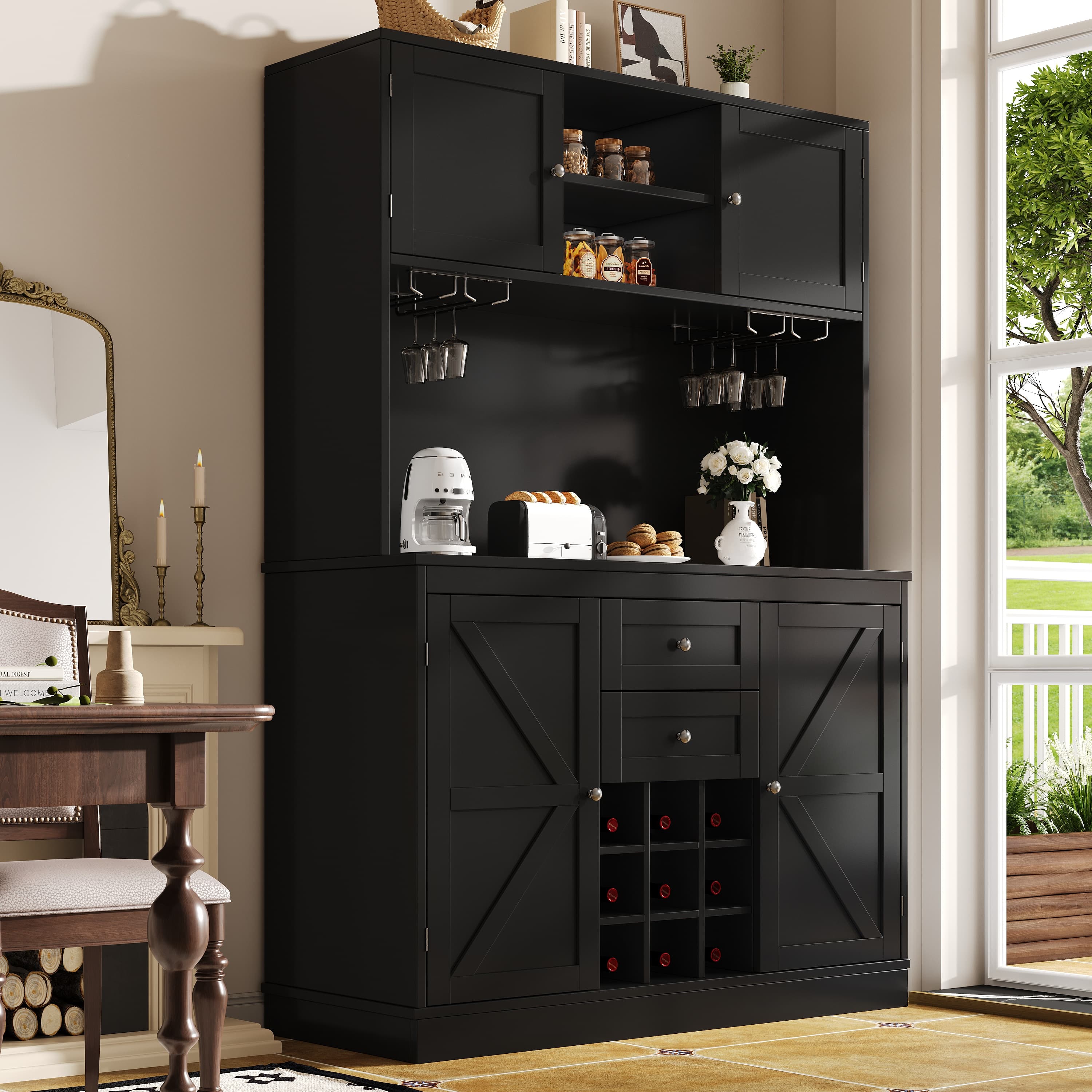 Tall White Kitchen Storage Cabinet with Wine Rack & Drawers