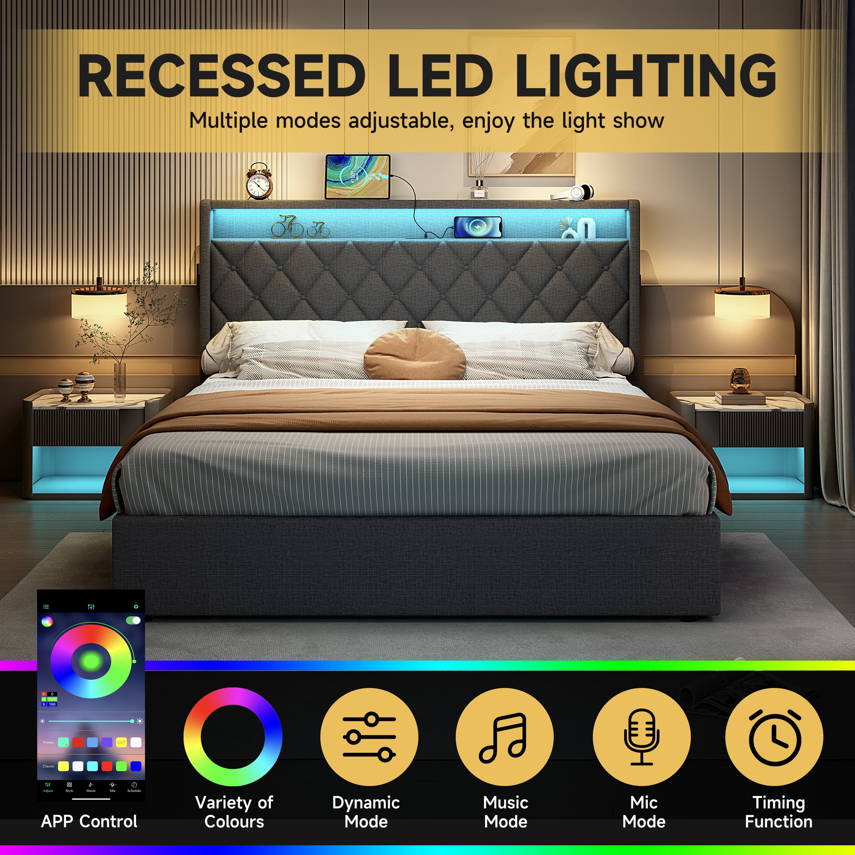 Grey Linen King Size (5ft) Ottoman Bed with Storage, LED Lights & USB Charging Station - image 1