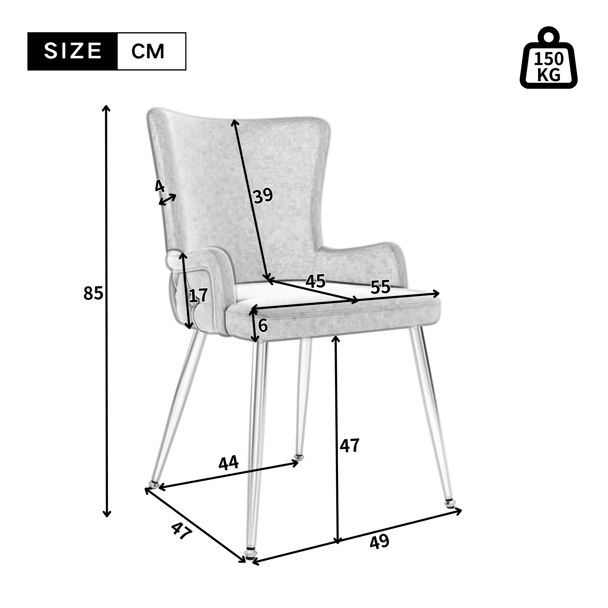 Set of 2 Grey Velvet Dining Chairs with Silver Coloured Metal Legs - image 5