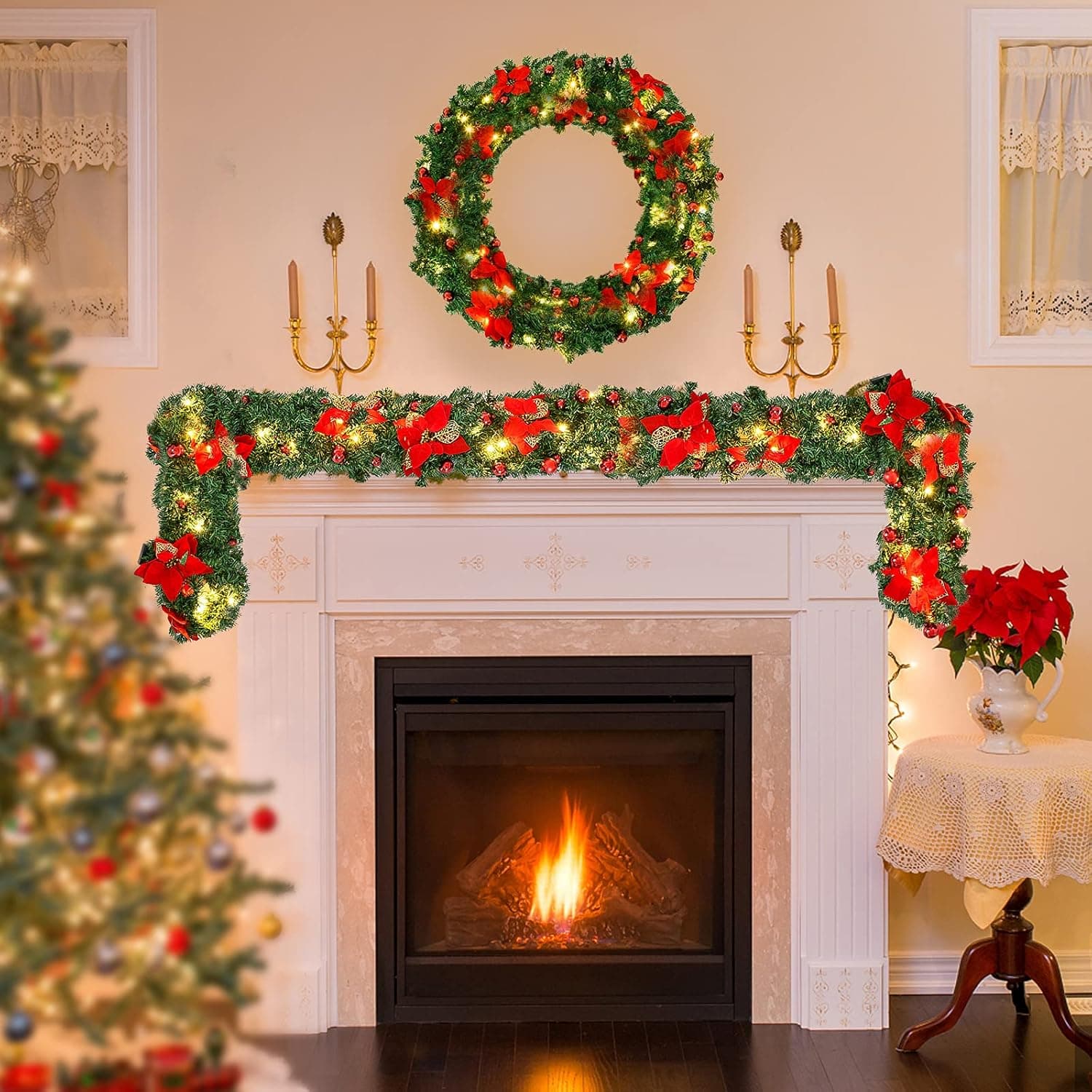 9 ft Christmas Garland with Red Poinsettias and Warm White LEDs - image 2