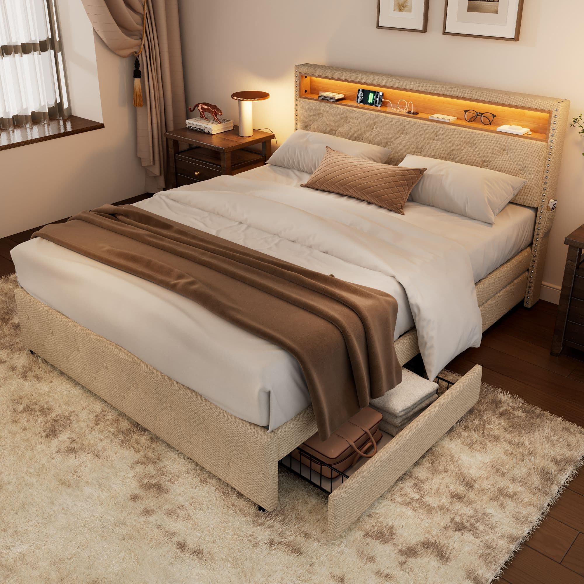 Beige Linen Upholstered Double Bed with Storage & LED Headboard - image 2