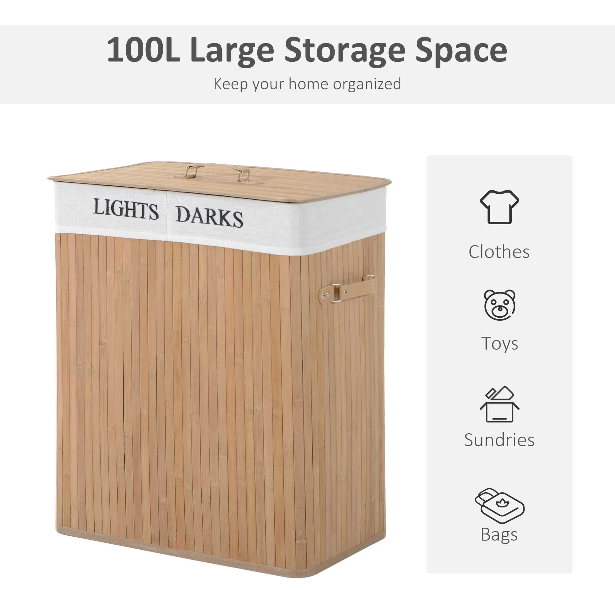 Natural Wood Double Laundry Hamper, 100L - image 1
