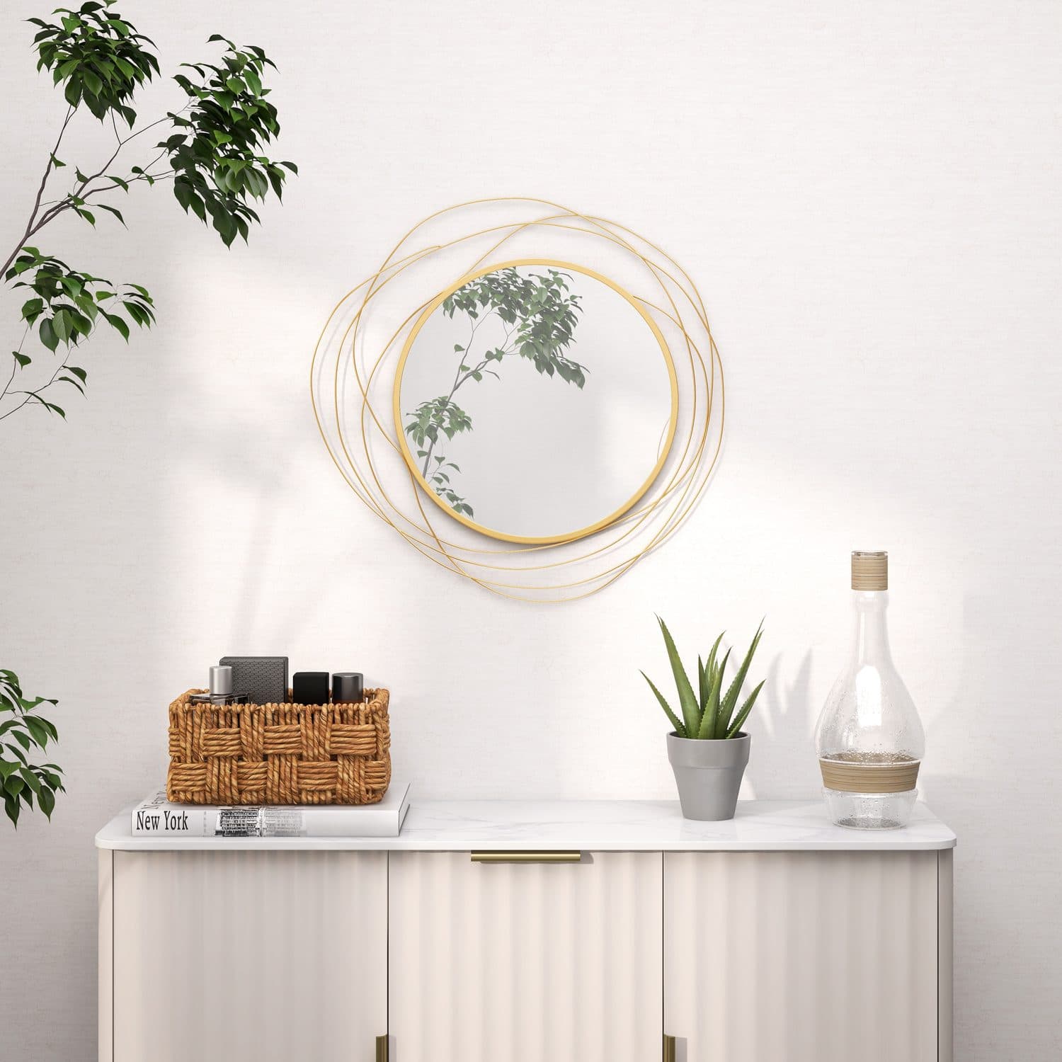 Gold abstract metal wire wall mirror - image 2