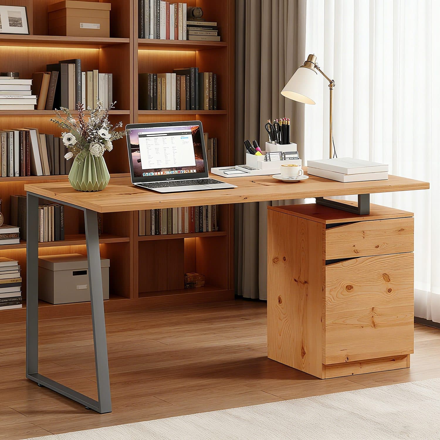 Industrial Natural Wood Computer Desk with Storage Cabinet - image 1