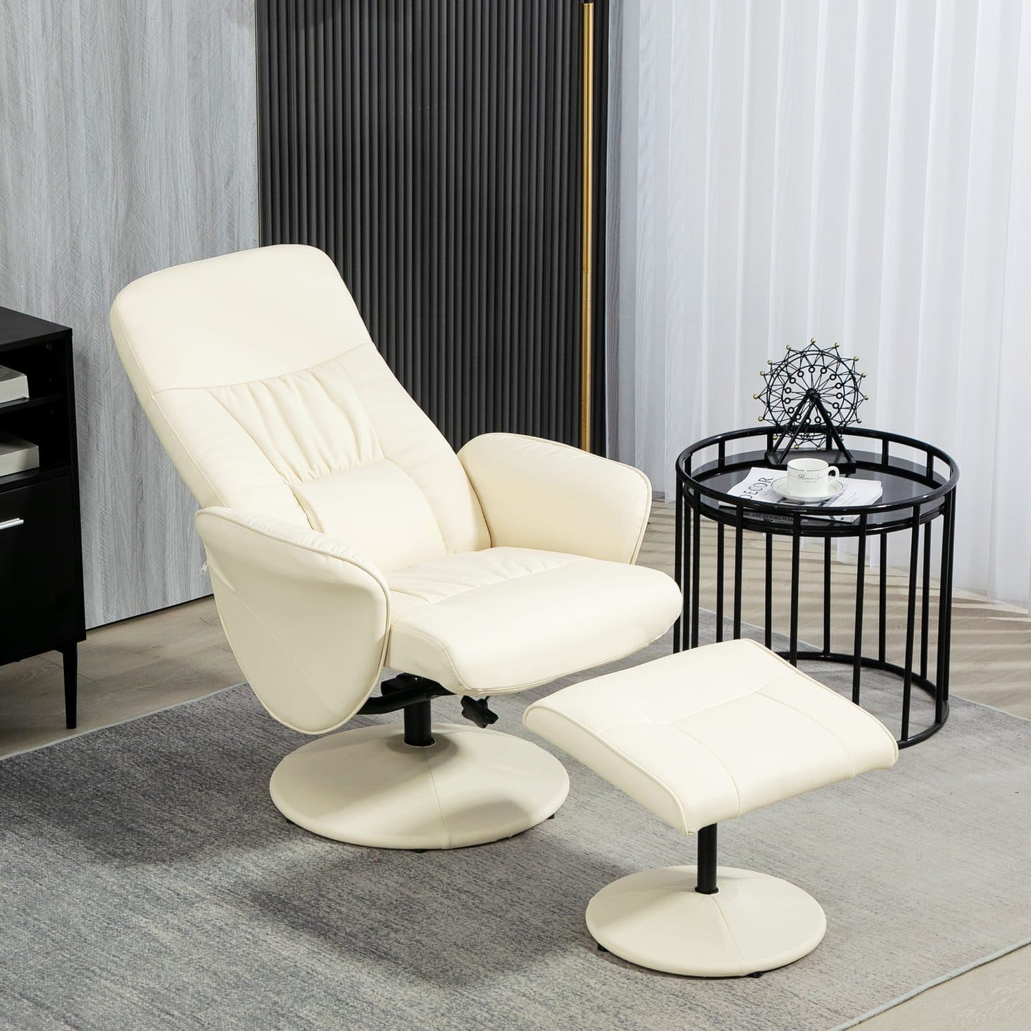 Swivel Recliner Chair and Ottoman Set in Cream Faux Leather - image 4