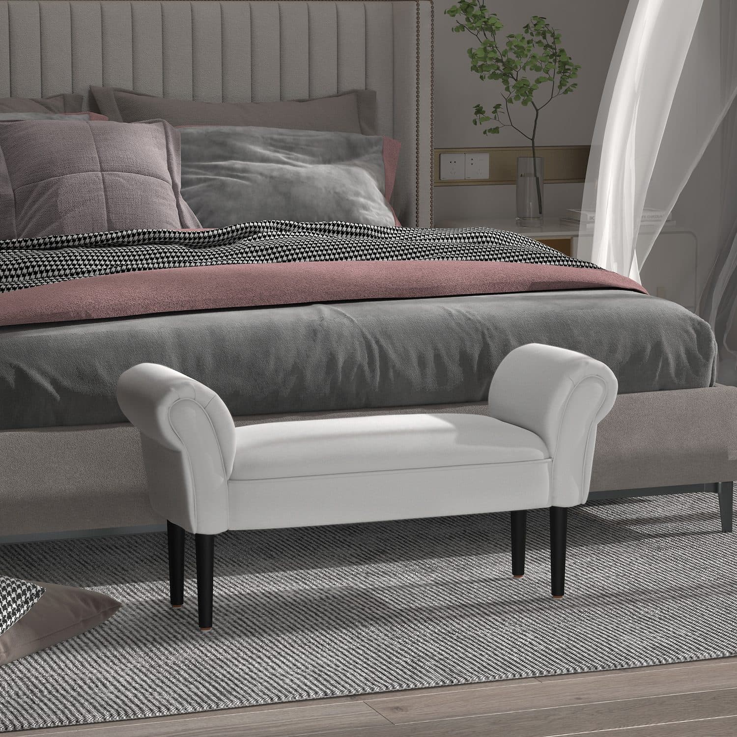 Modern Greyish White Upholstered Window Seat Bench - image 4