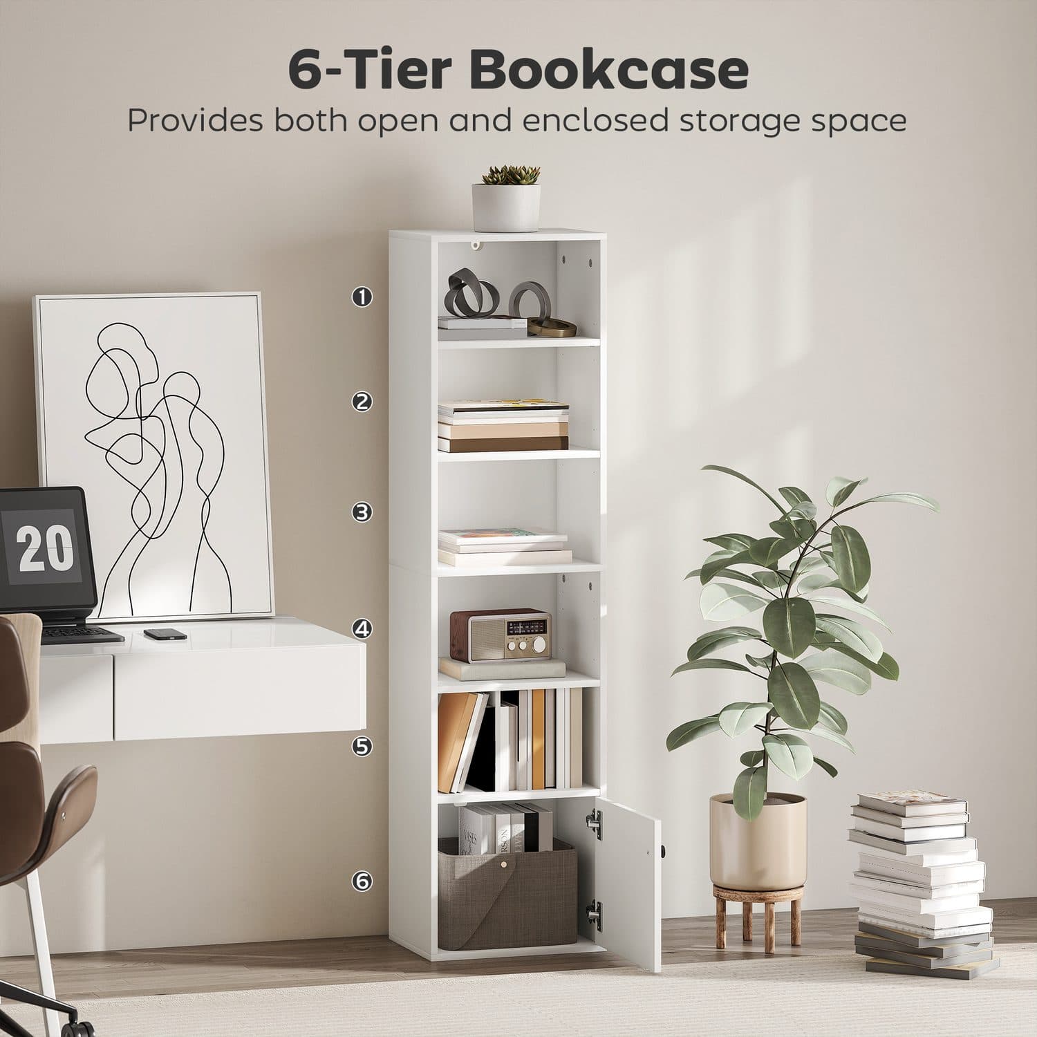 Slim White 6-Tier Bookcase - image 3