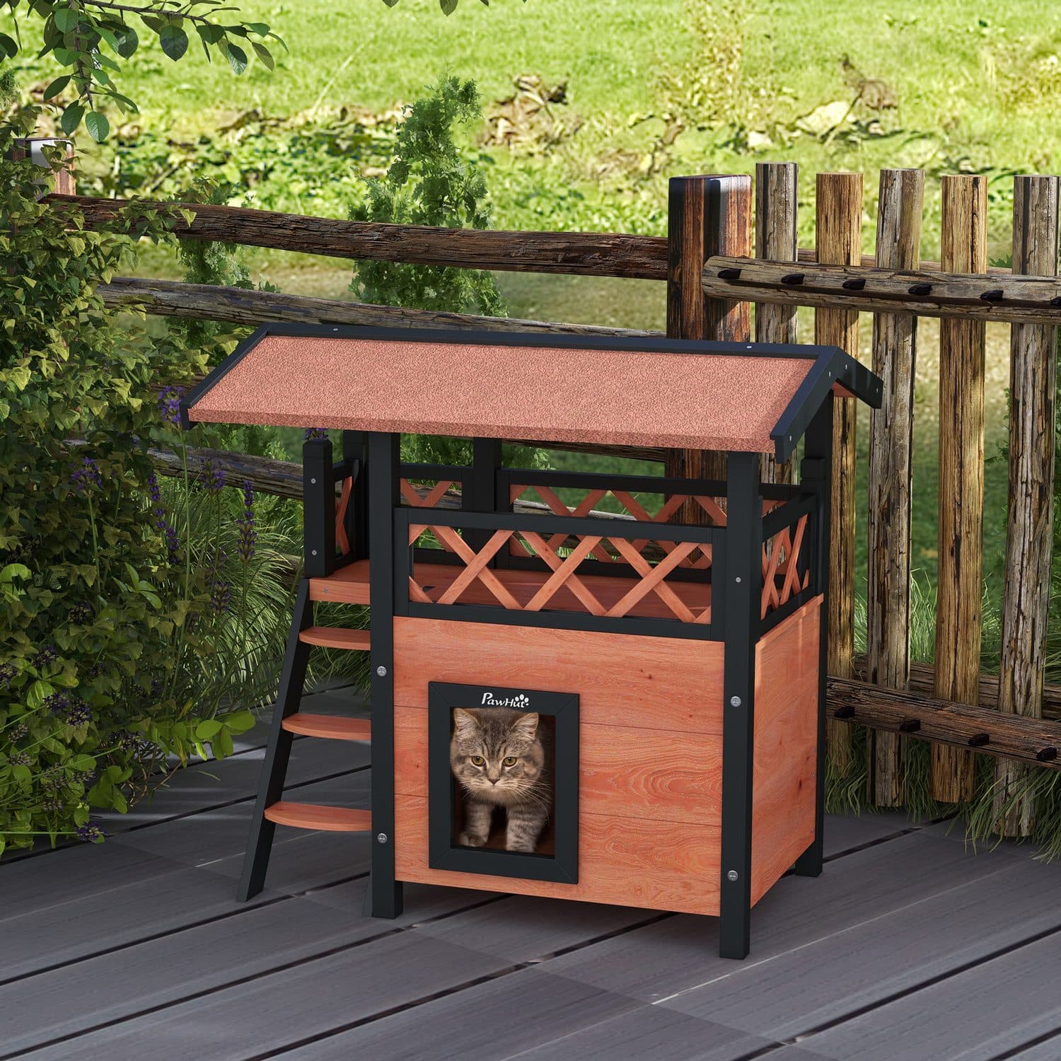 PawHut Outdoor Cat House with Balcony, Stairs and Shelter Roof - image 1