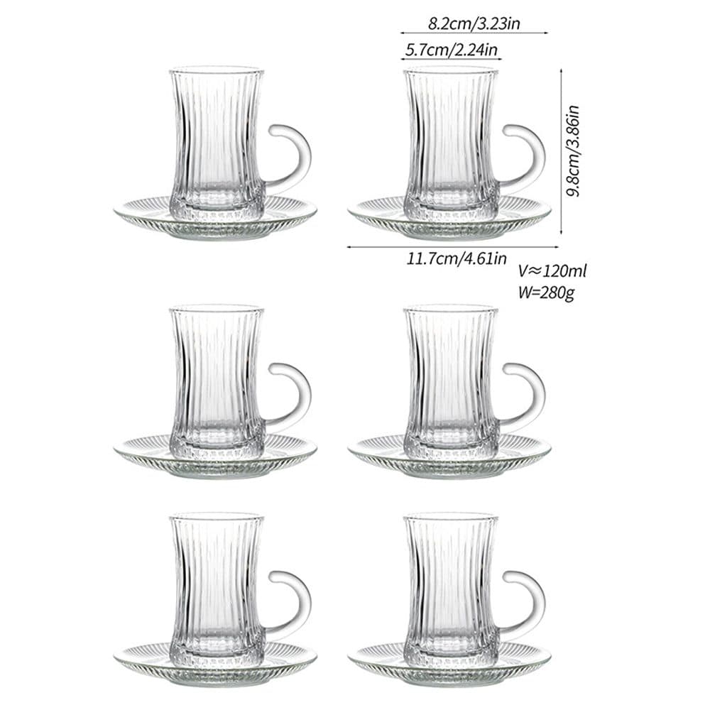 Set of 6 Ribbed Glass Tea Cups with Handles and Saucers - image 2