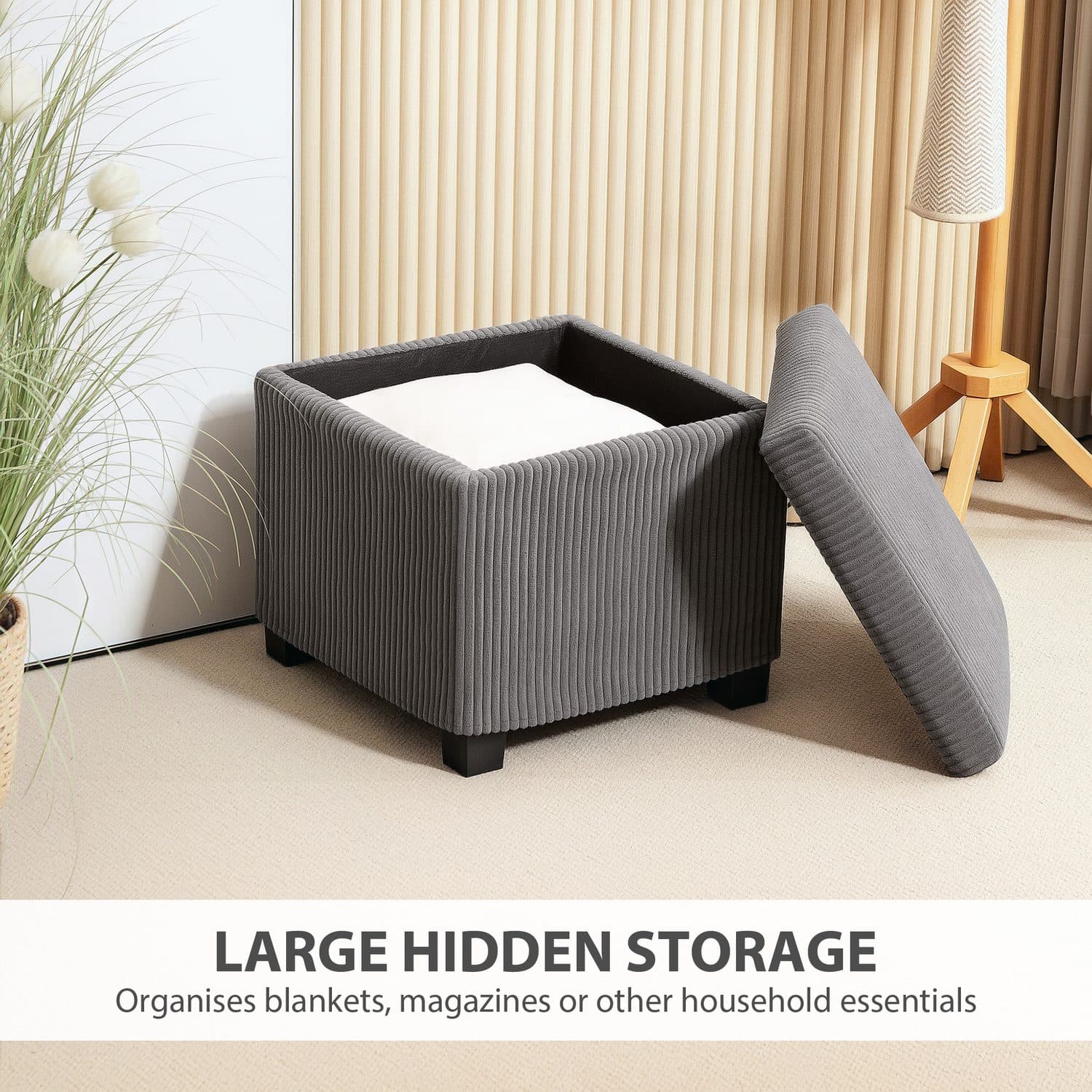 Chunky Corduroy Storage Ottoman with Lift-Off Lid, Grey - image 3