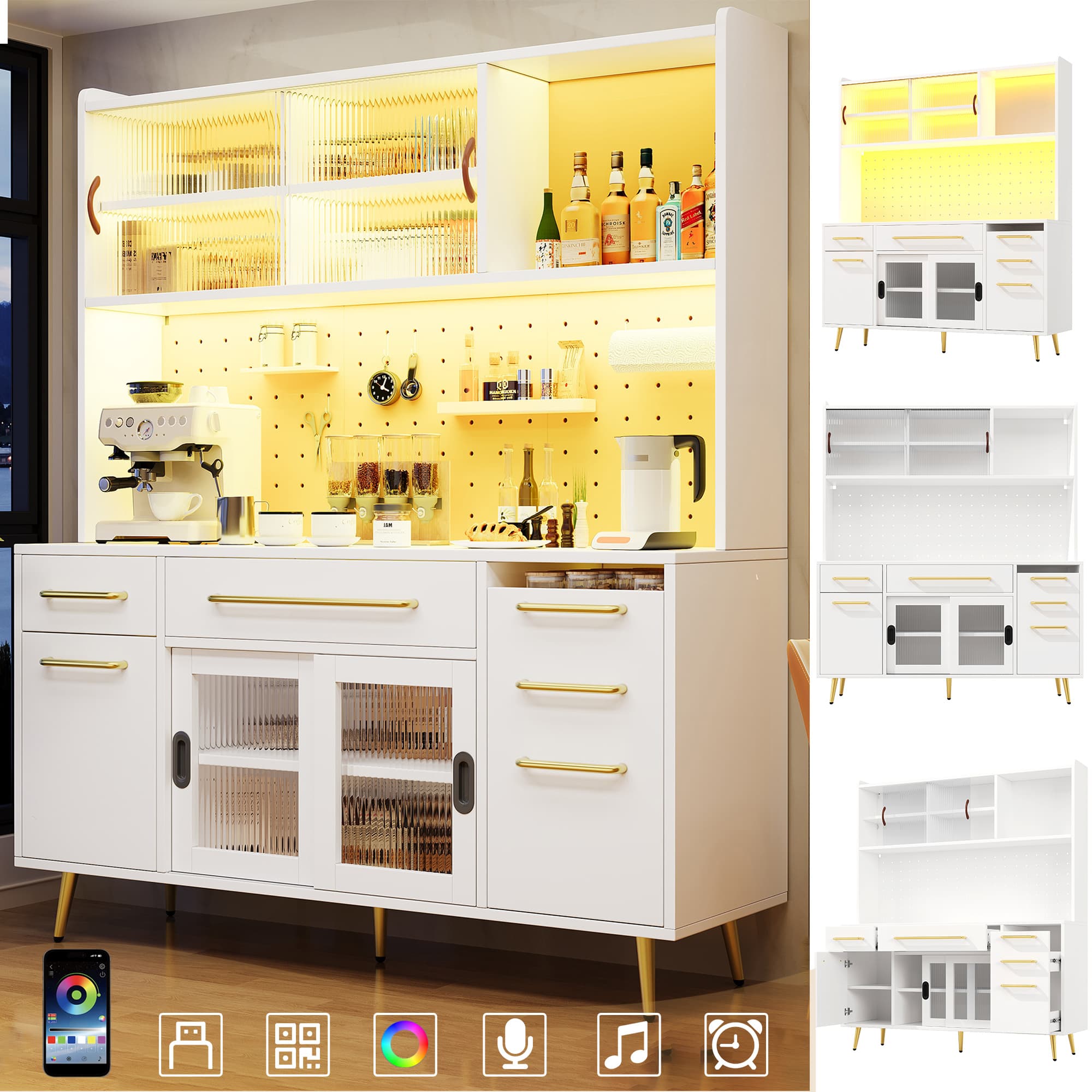 White Storage Sideboard with LED Lighting, Drawer & Glass Shelves - White