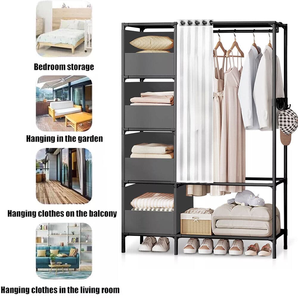 Freestanding Metal Wardrobe with Fabric Shelves and Curtain Rail - image 1