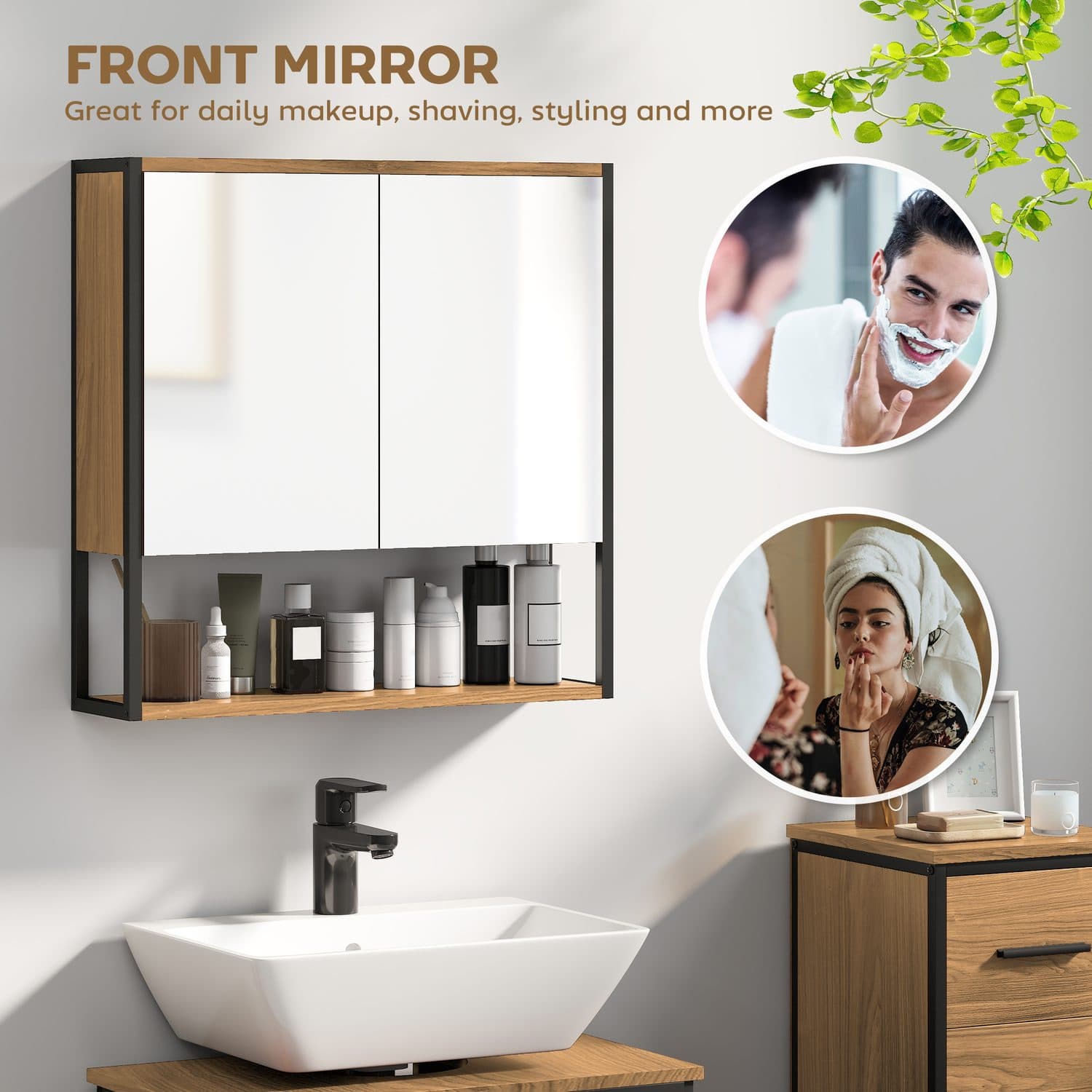 Natural Wood Bathroom Mirror Cabinet with Soft-Close Doors - image 4