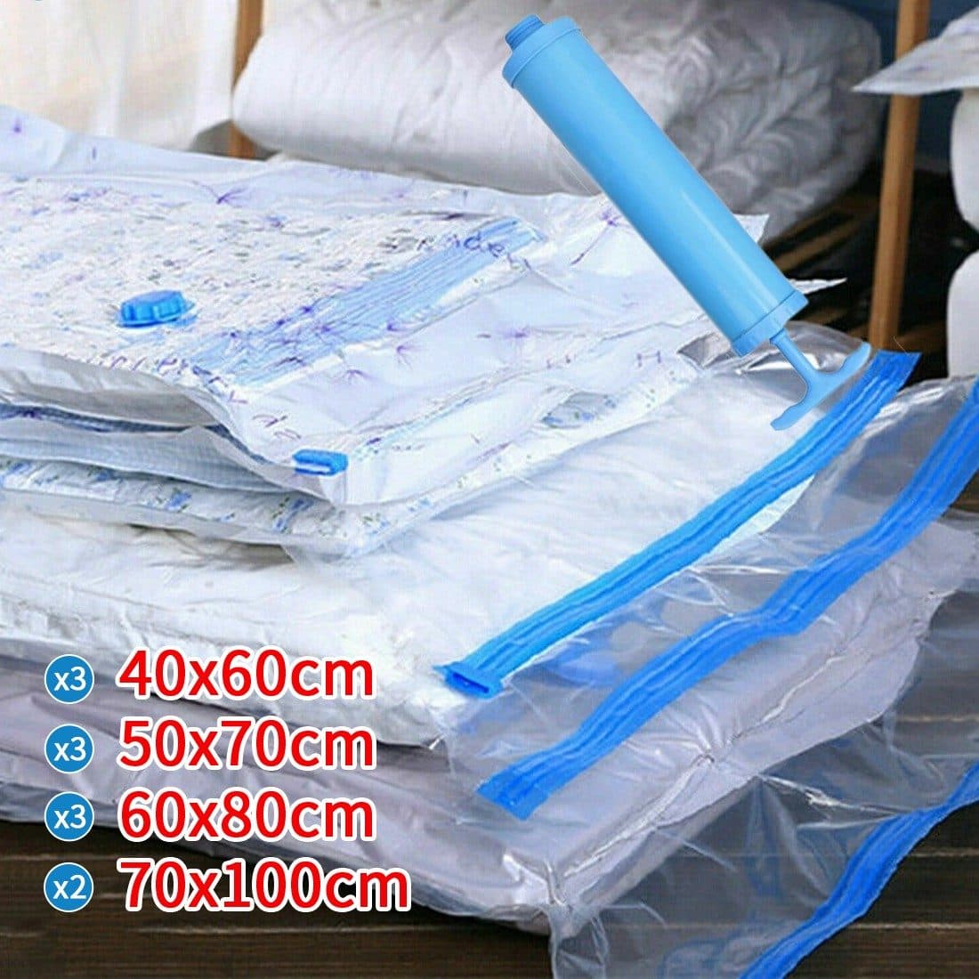 Set of 12 Vacuum Storage Bags in Four Sizes, Hand Pump Included - image 3