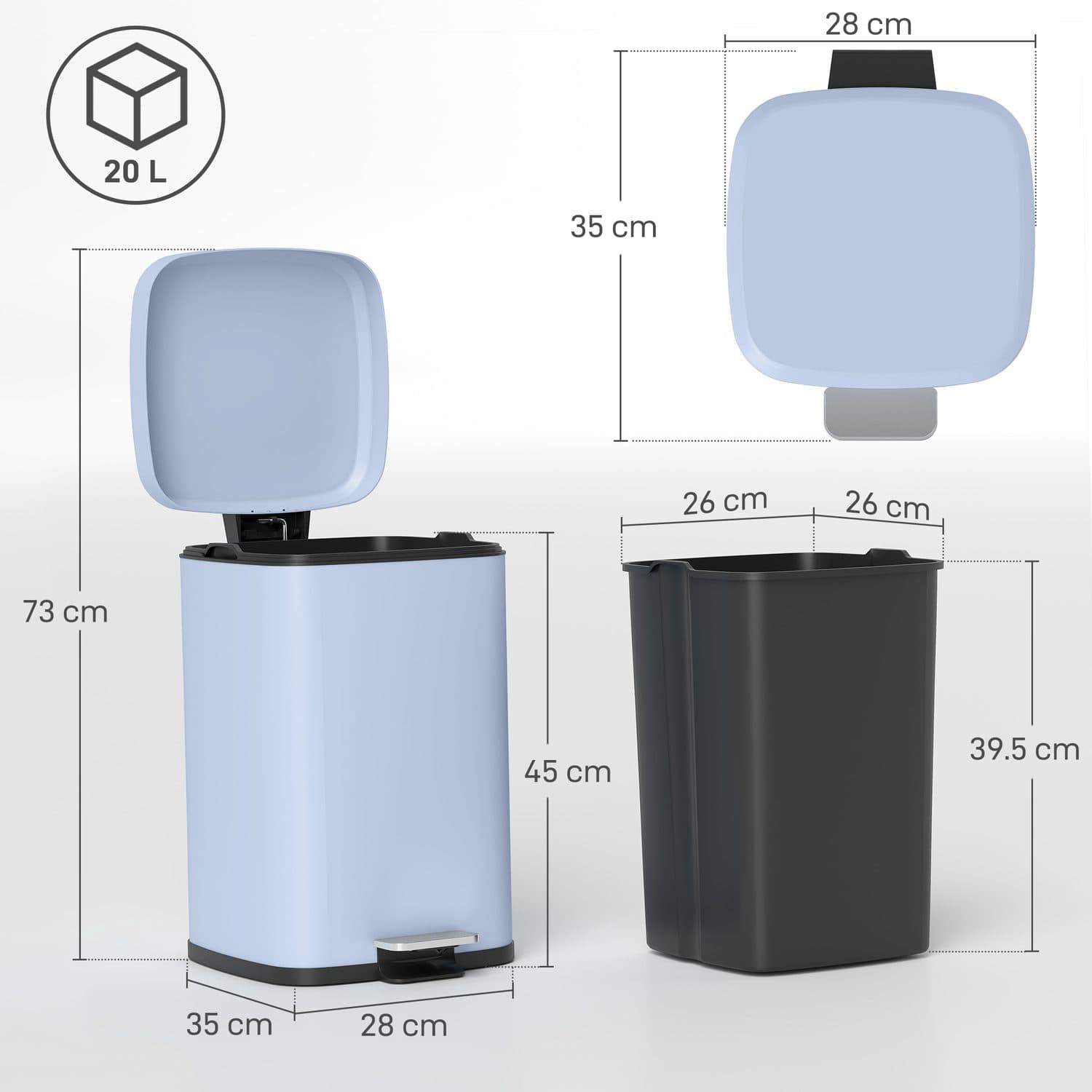 20L Metal Pedal Bin With Soft-Close Lid, Light Blue - image 5